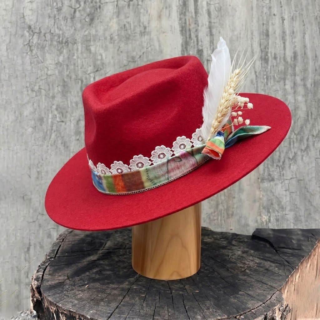 Red Straight Brim Felt Hat with Lace & Floral Band