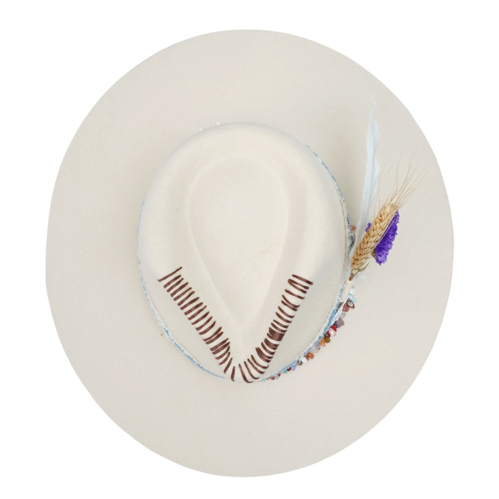 Cream Felt Fedora with Colorful Stones & Dried Flowers