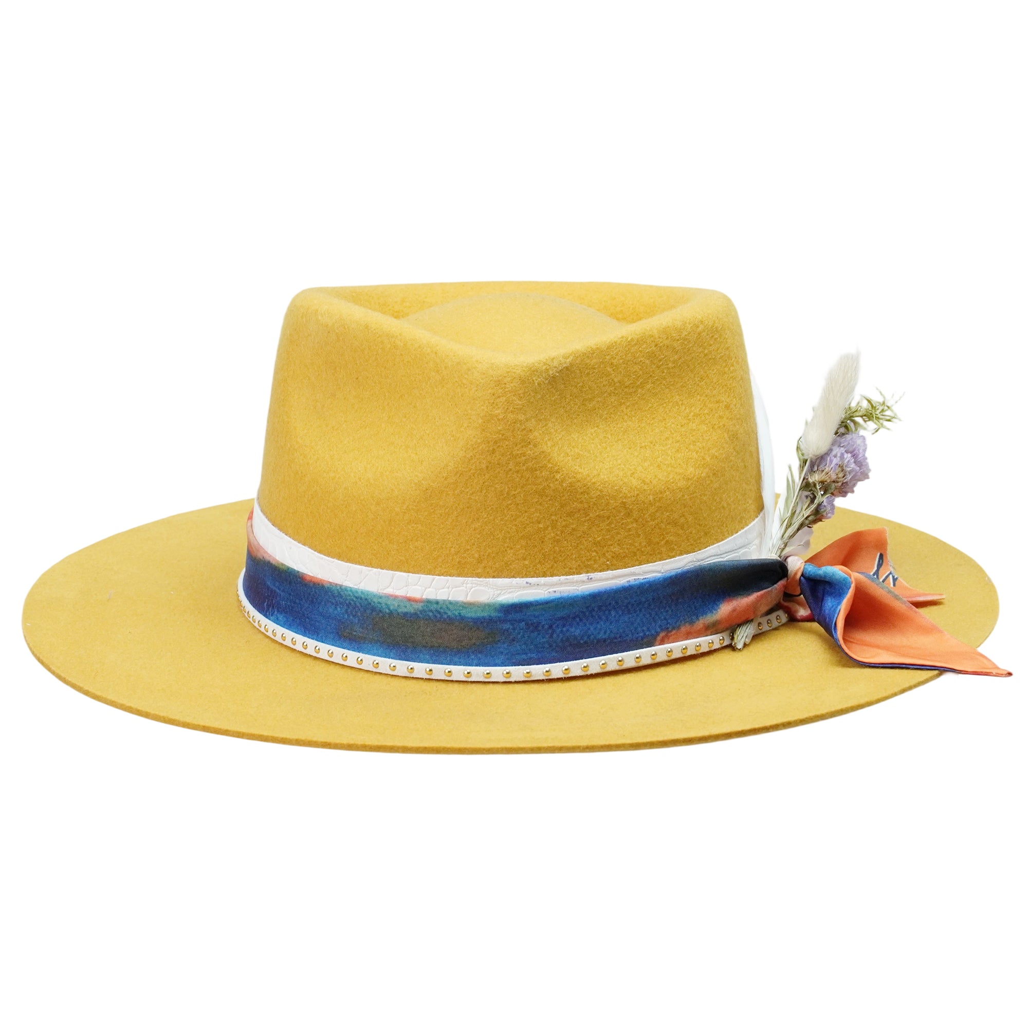 Yellow Felt Hat - Custom Art Fabric with Floral Detail