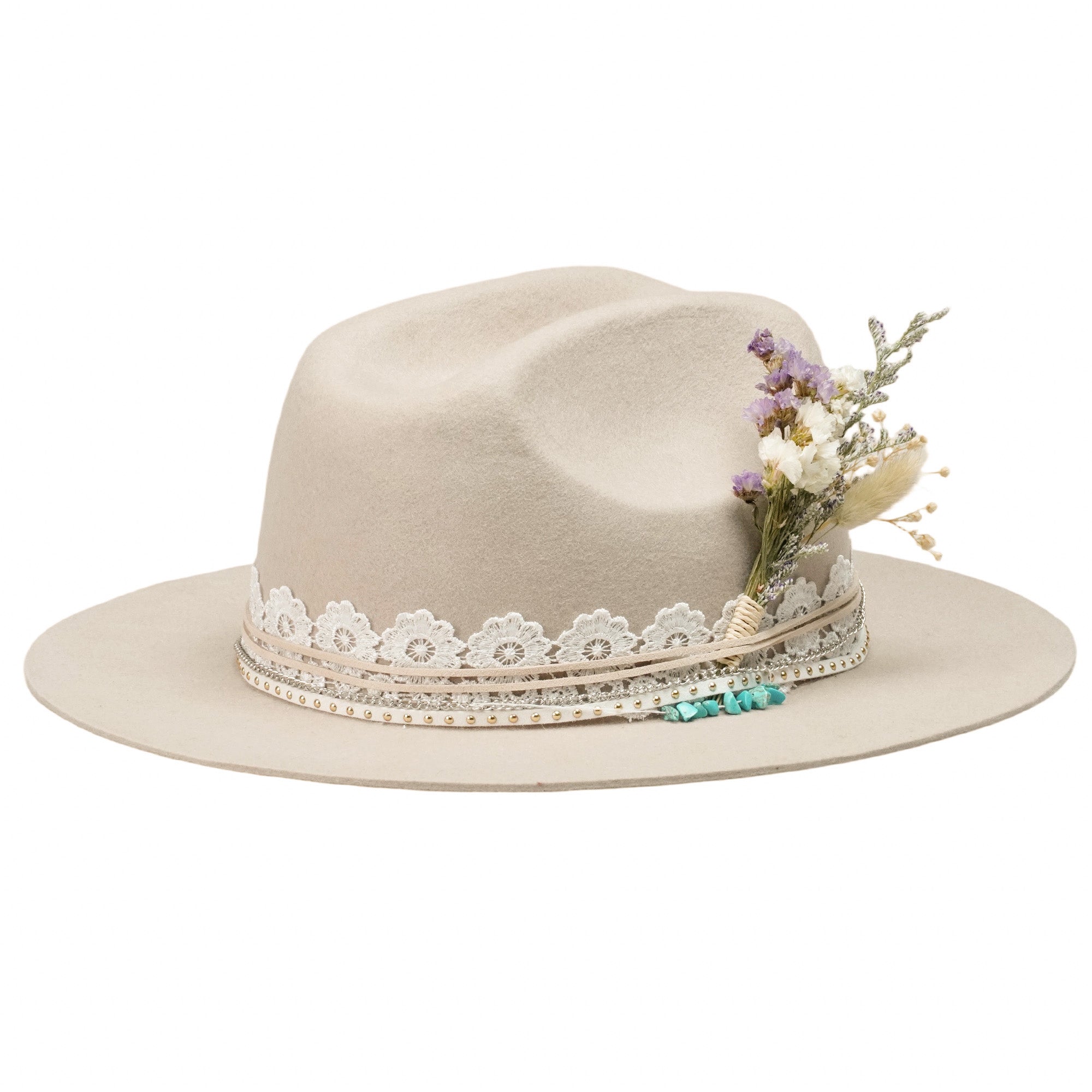 Cream Felt Hat - Turquoise & Lace Western Style