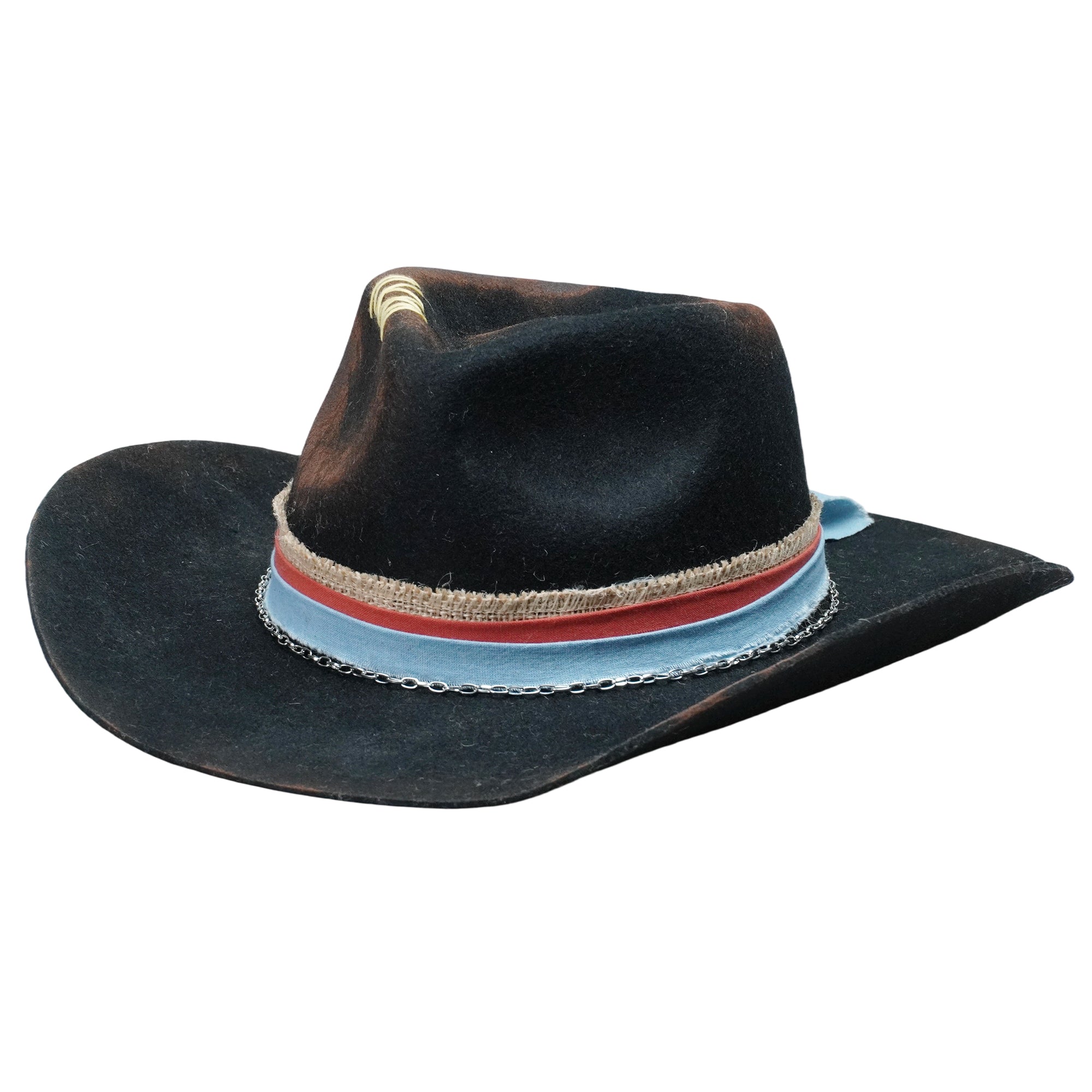 Black Rolled Brim Felt Hat with Silver Chain Band
