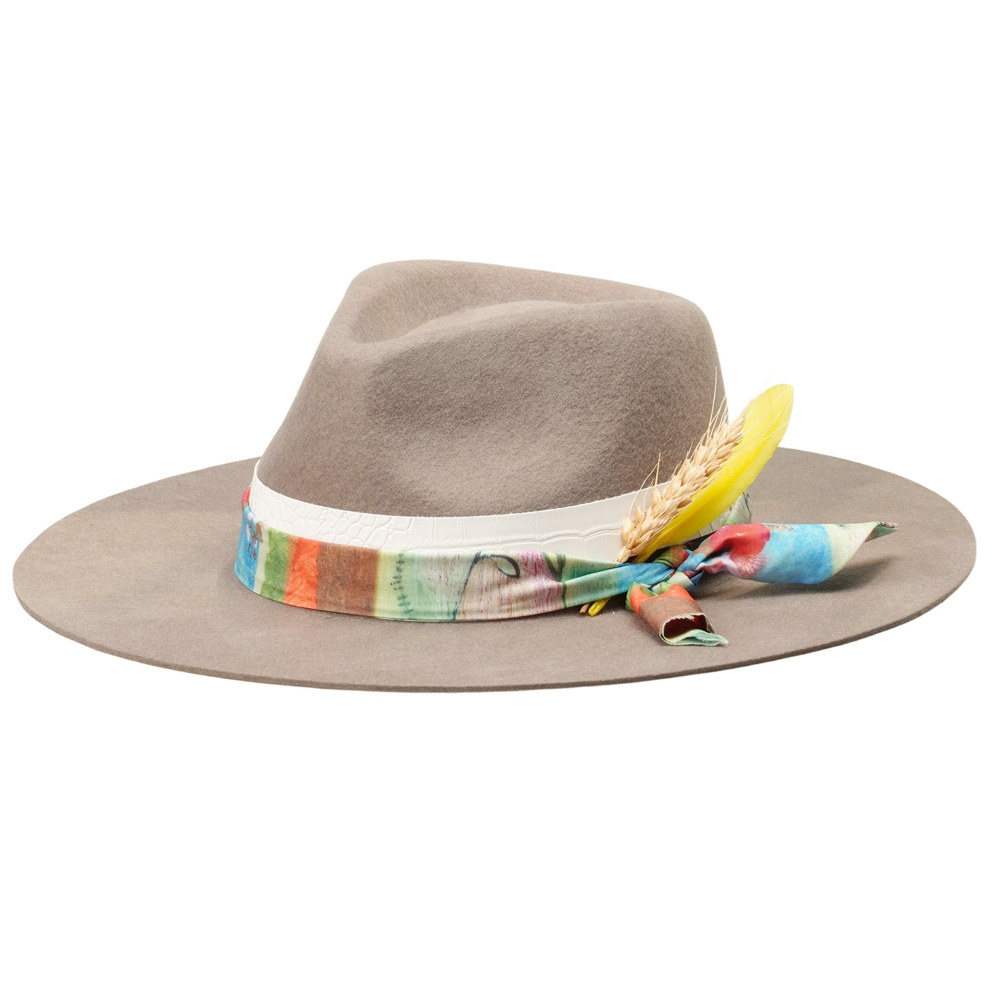 Camel Felt Hat - Custom Fabric with Wheat & Feathers