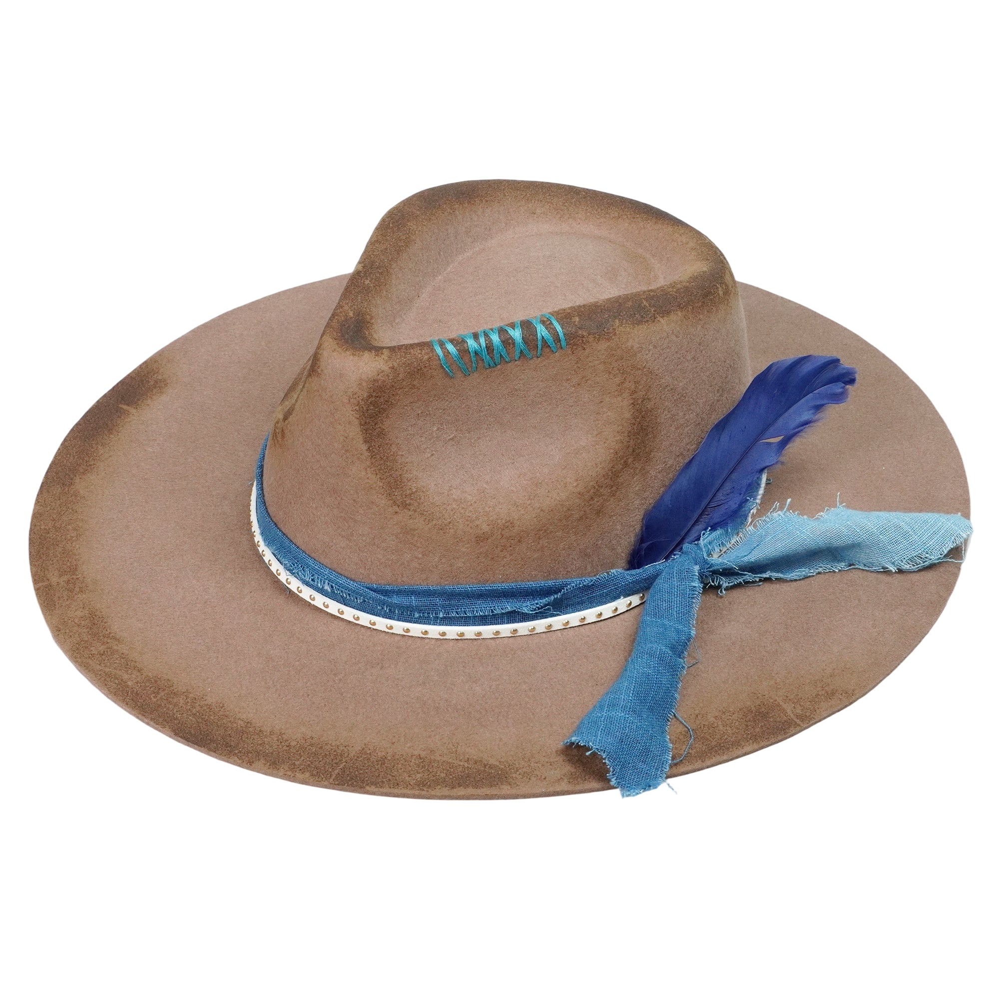 Hand-Burned Camel Felt Hat – Fabric Band, Feather Accent