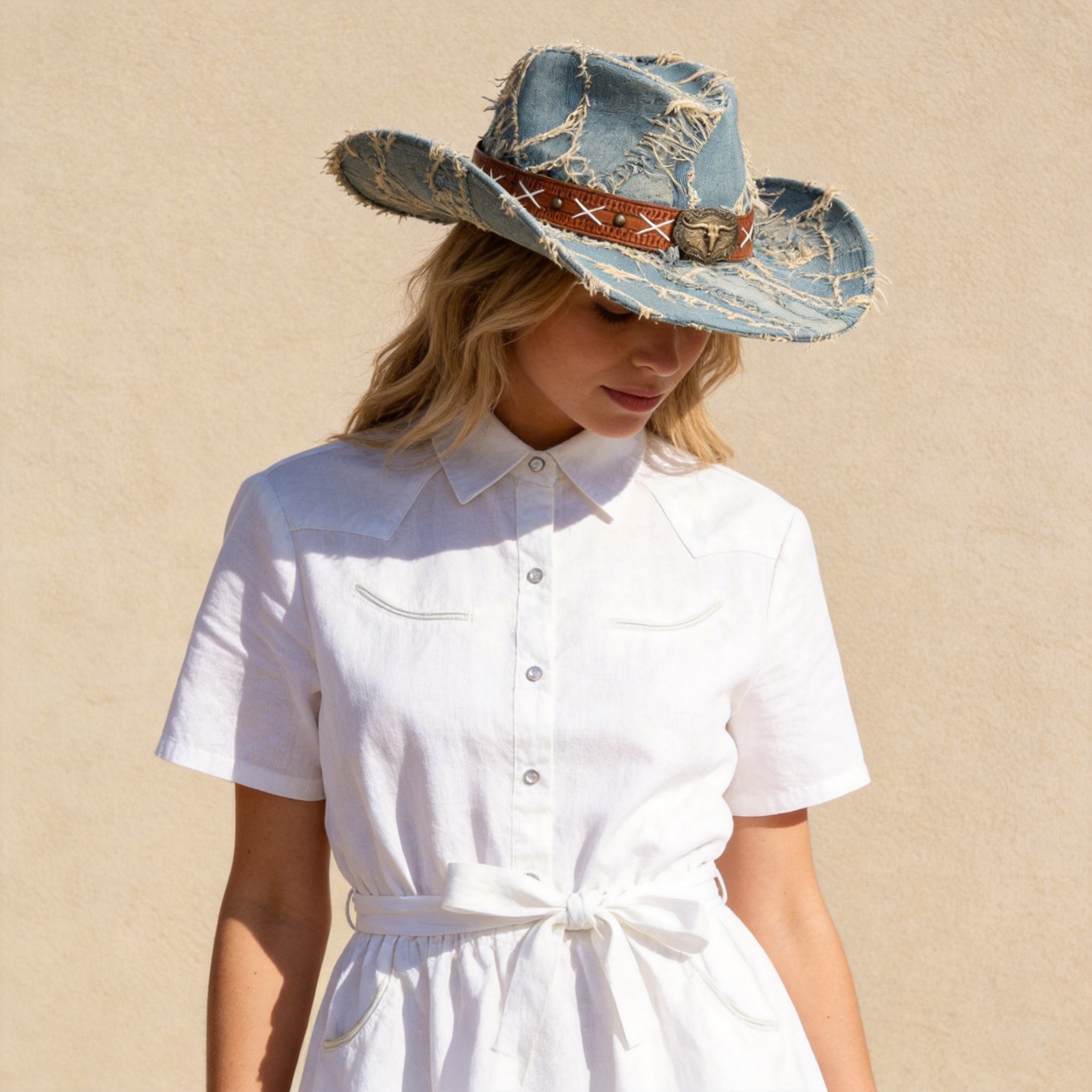 Women Denim Western Hat Vintage Blue – Carved Band
