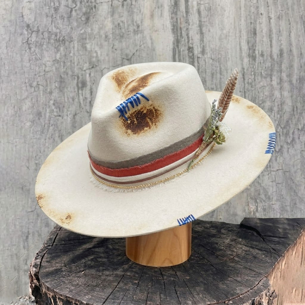 Teardrop Fedora - Cream with Burned Edge & Stitching