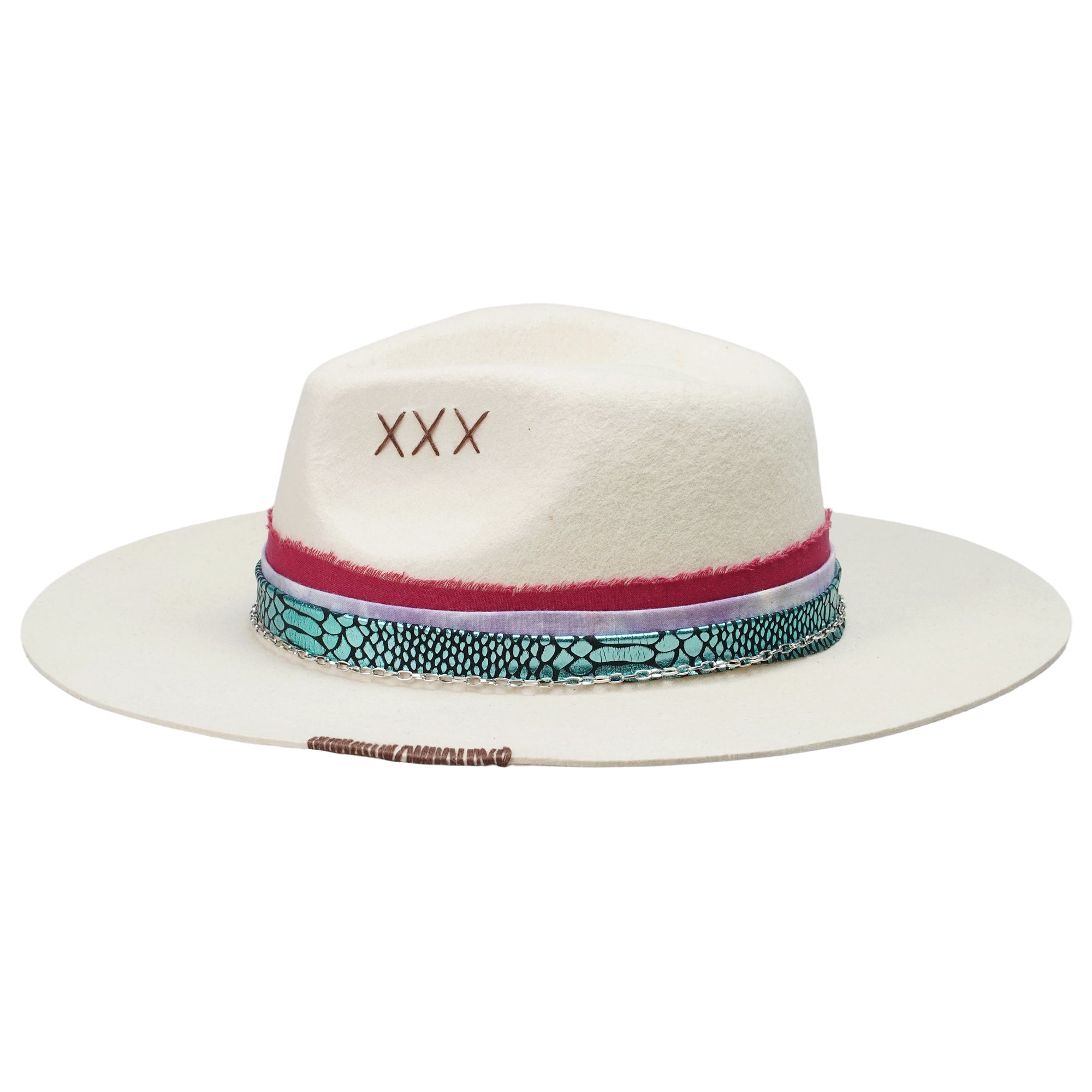 Off-White Felt Hat - Custom Green & Red Fabric Strap