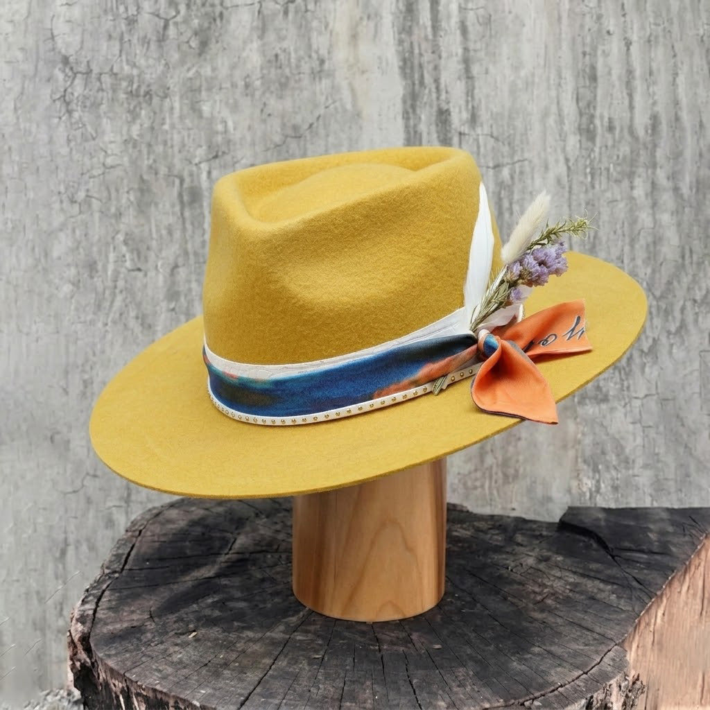 Yellow Felt Hat - Custom Art Fabric with Floral Detail