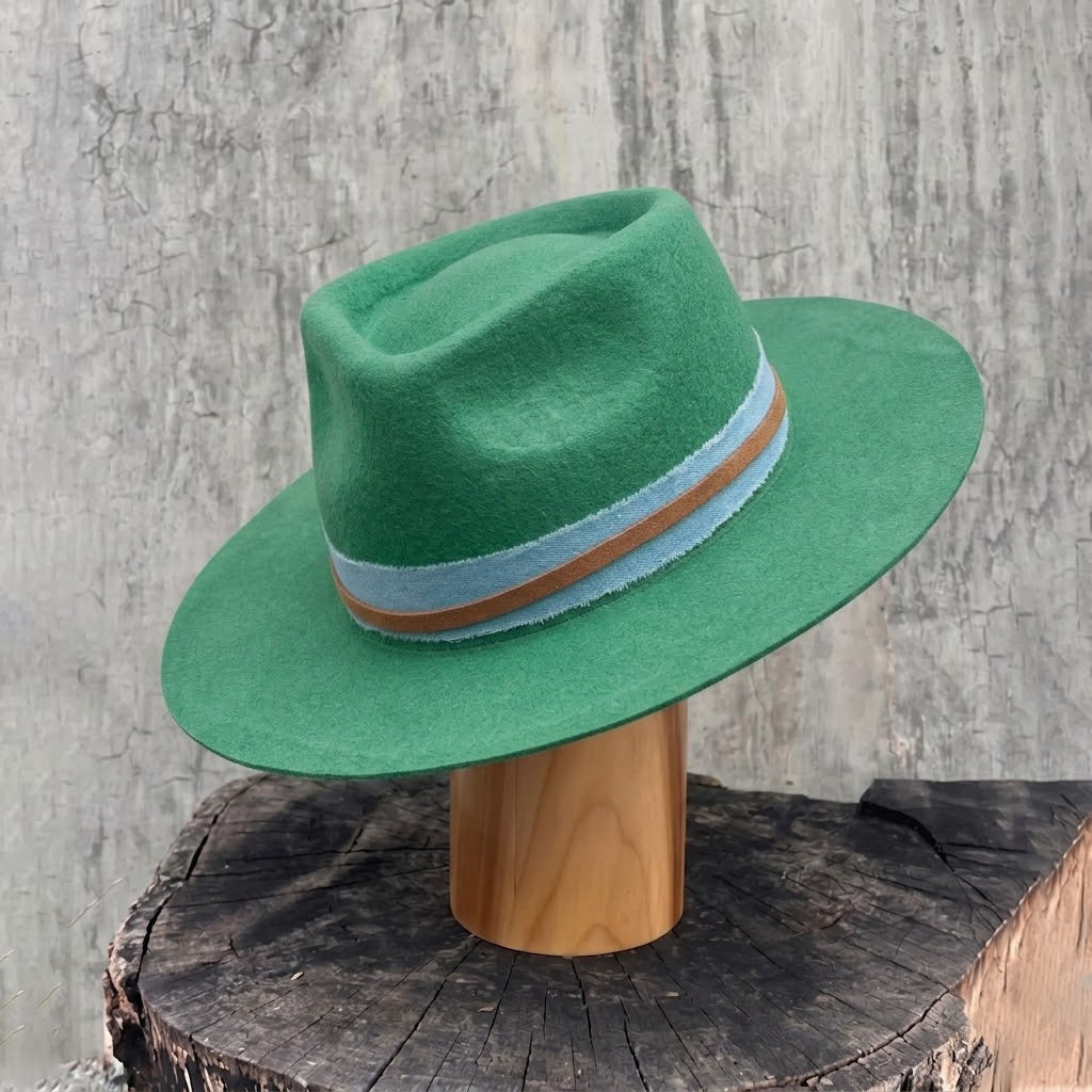 Green Straight Brim Felt Hat with Denim Band
