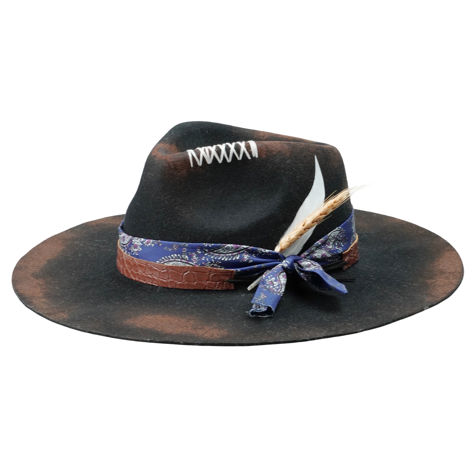 Distressed Felt Hat – Croc-Texture Band, Feather Accent