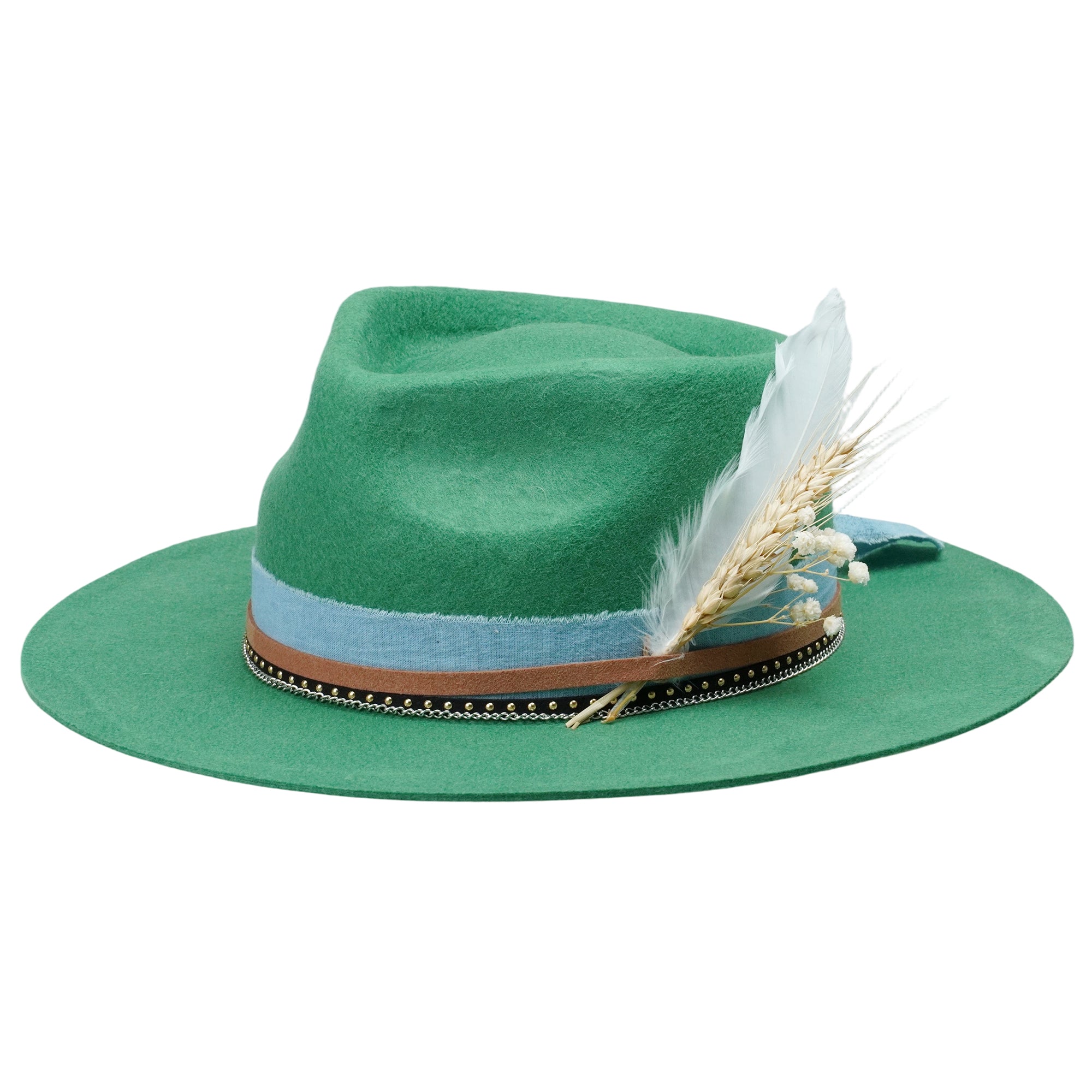 Green Straight Brim Felt Hat with Denim Band