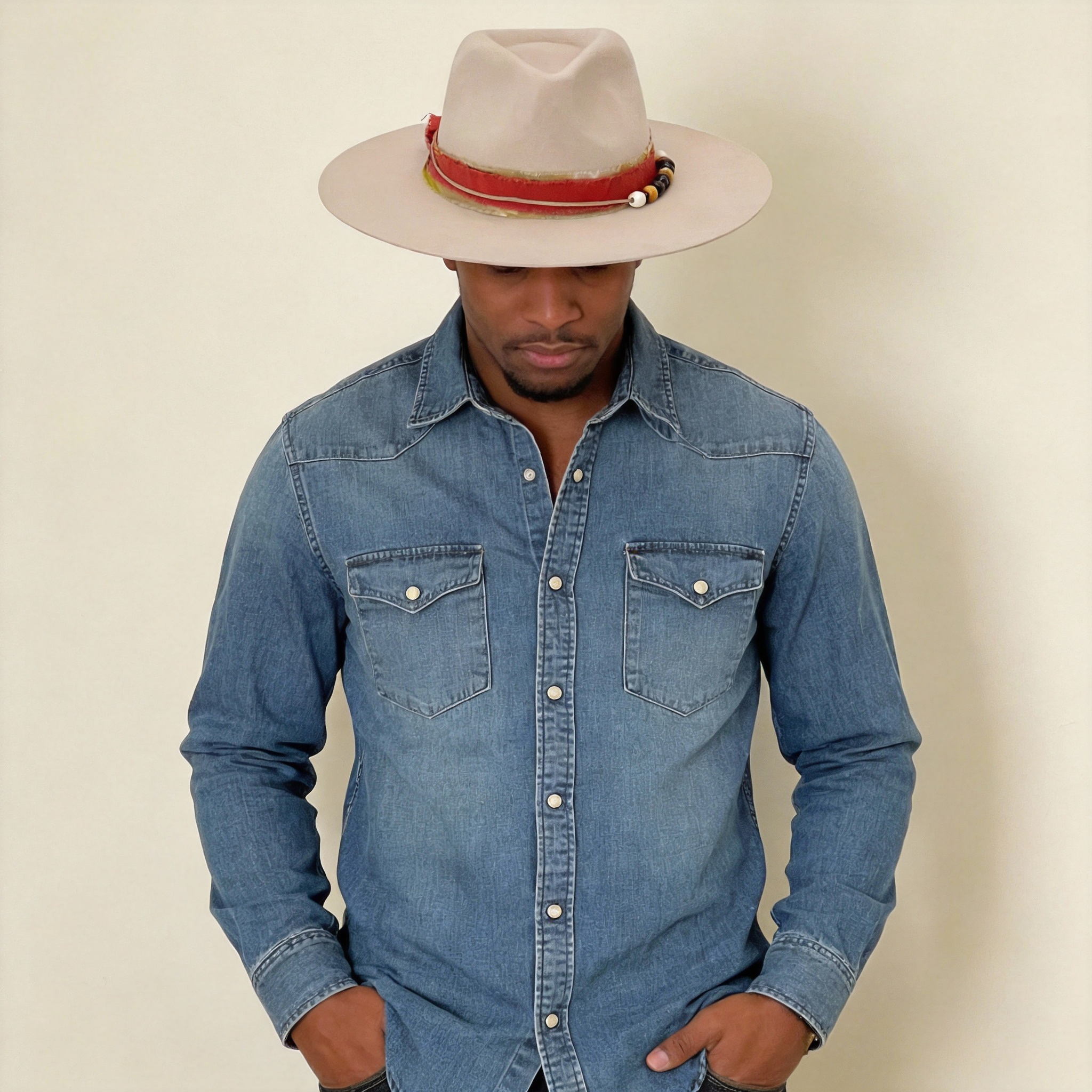 Beige Wide-Brim Felt Hat – Beaded Band