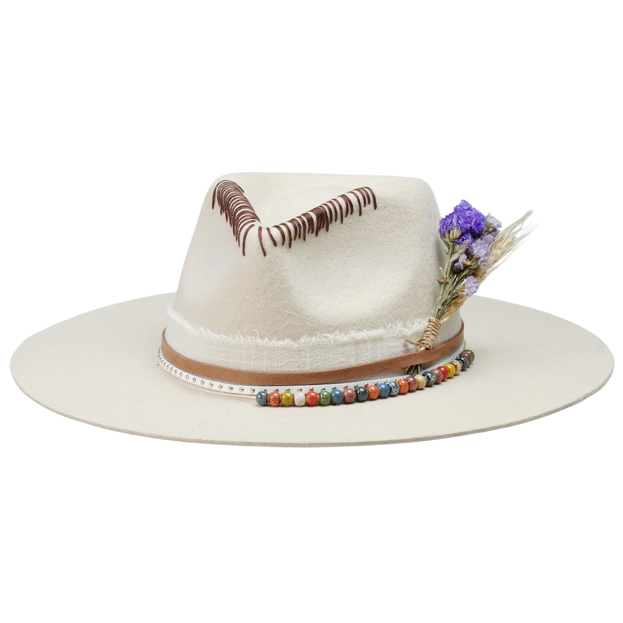 Cream Straight Brim Hat - Beaded Band & Stitching Detail
