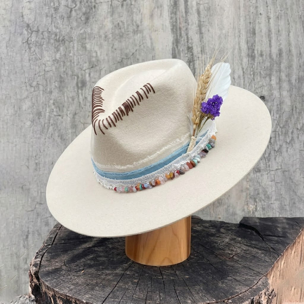Cream Felt Fedora with Colorful Stones & Dried Flowers