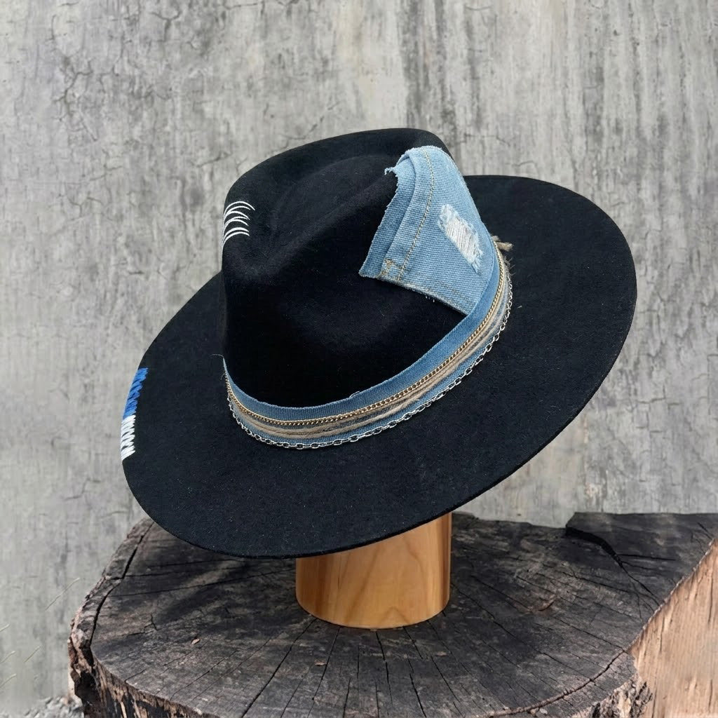 Teardrop Fedora - Black with Denim Stitching