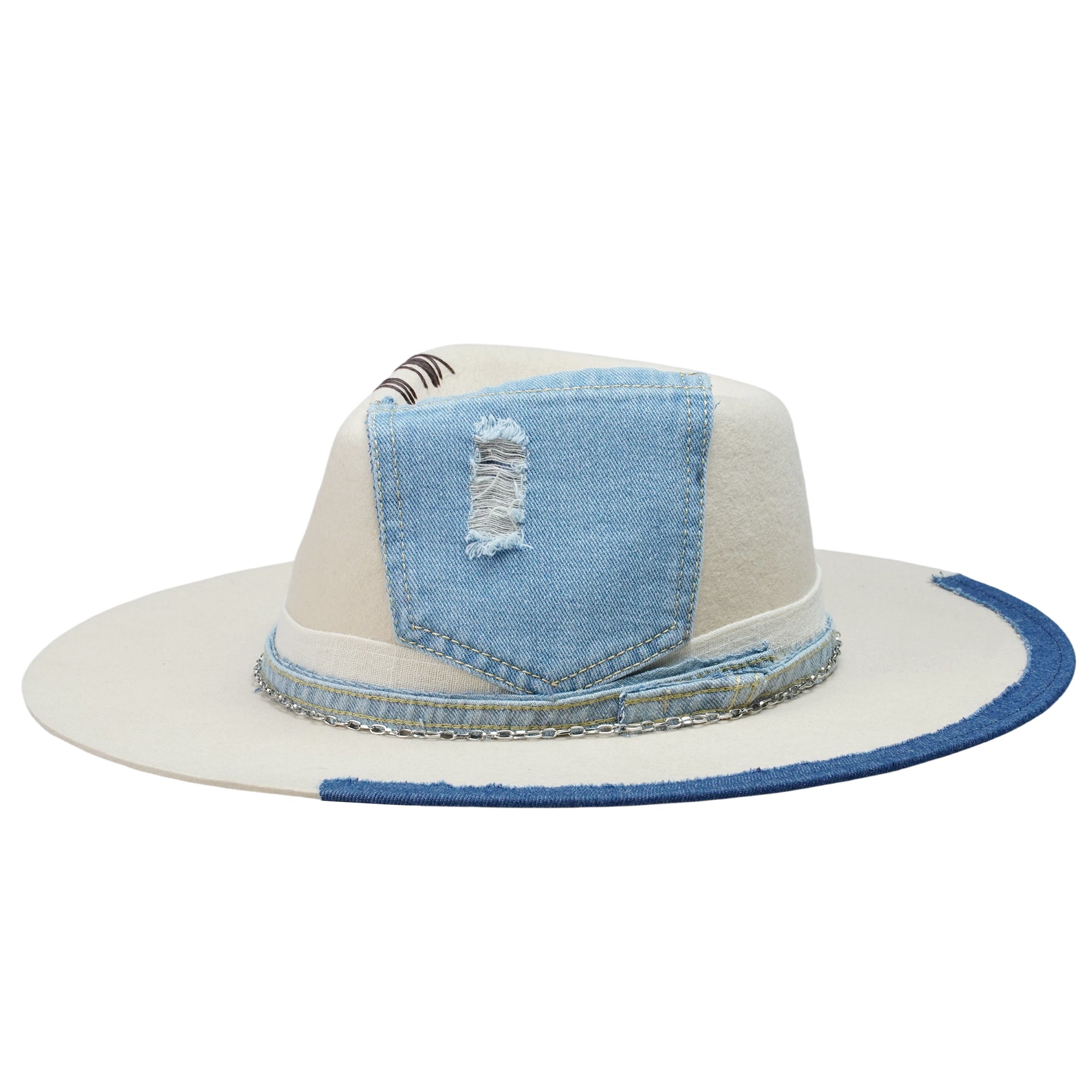 Cream Felt Fedora with Denim & Silver Chain