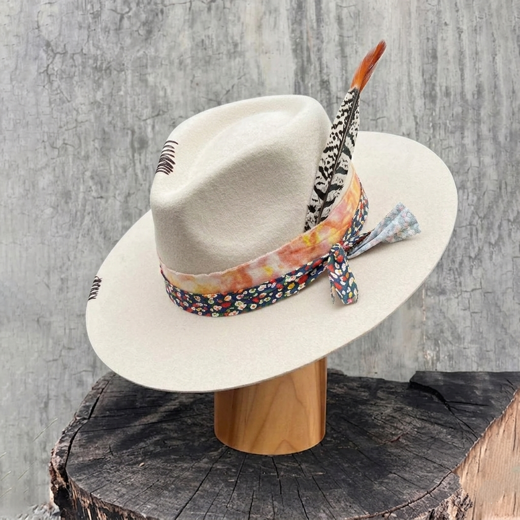 Refined Flat-Brim Hat – Neutral Tone, Floral Print, Subtle Feather Detail