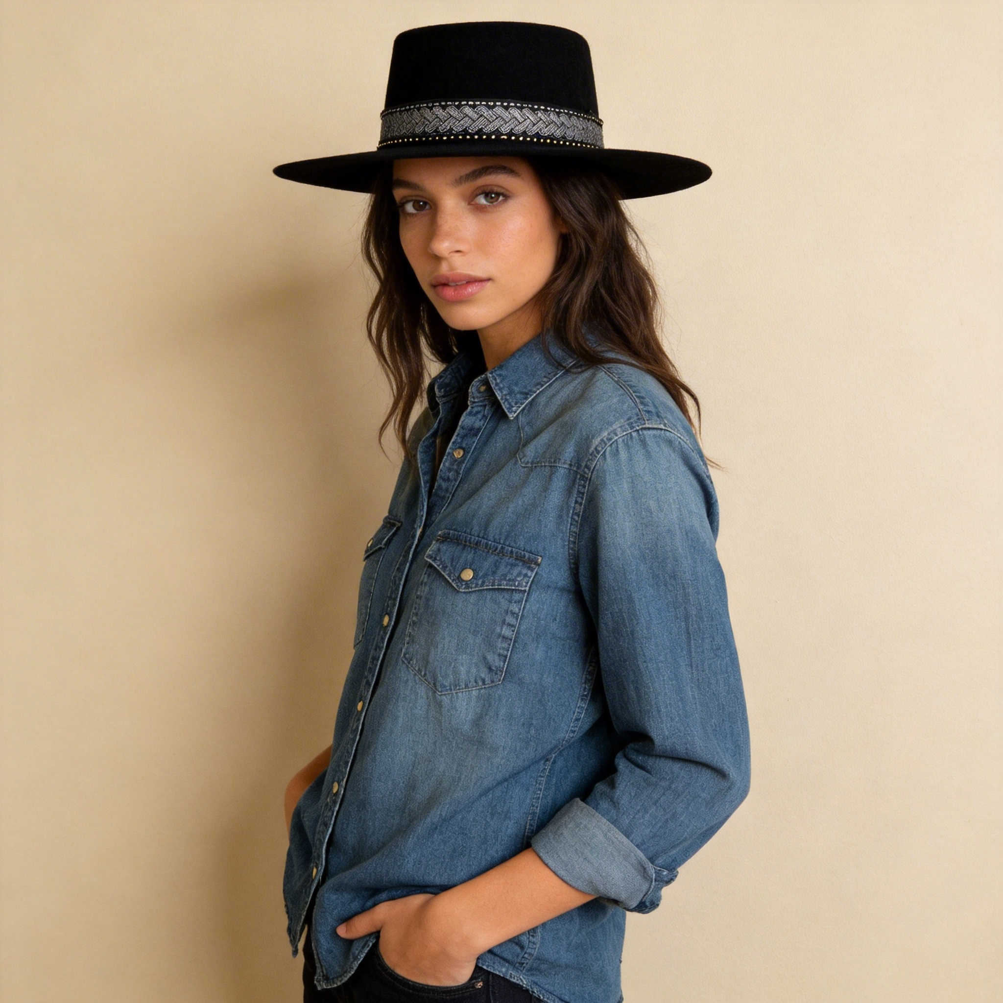 Women Artisan Black Gambler – Wide Flat Brim