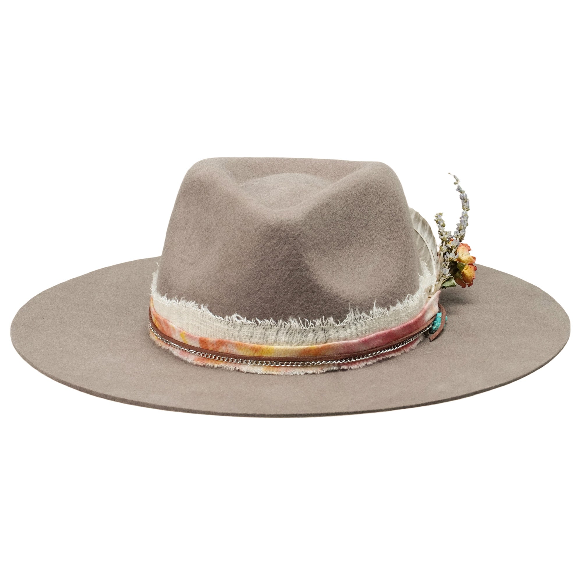 Camel Felt Hat - Silver Chain & Natural Feather Detail