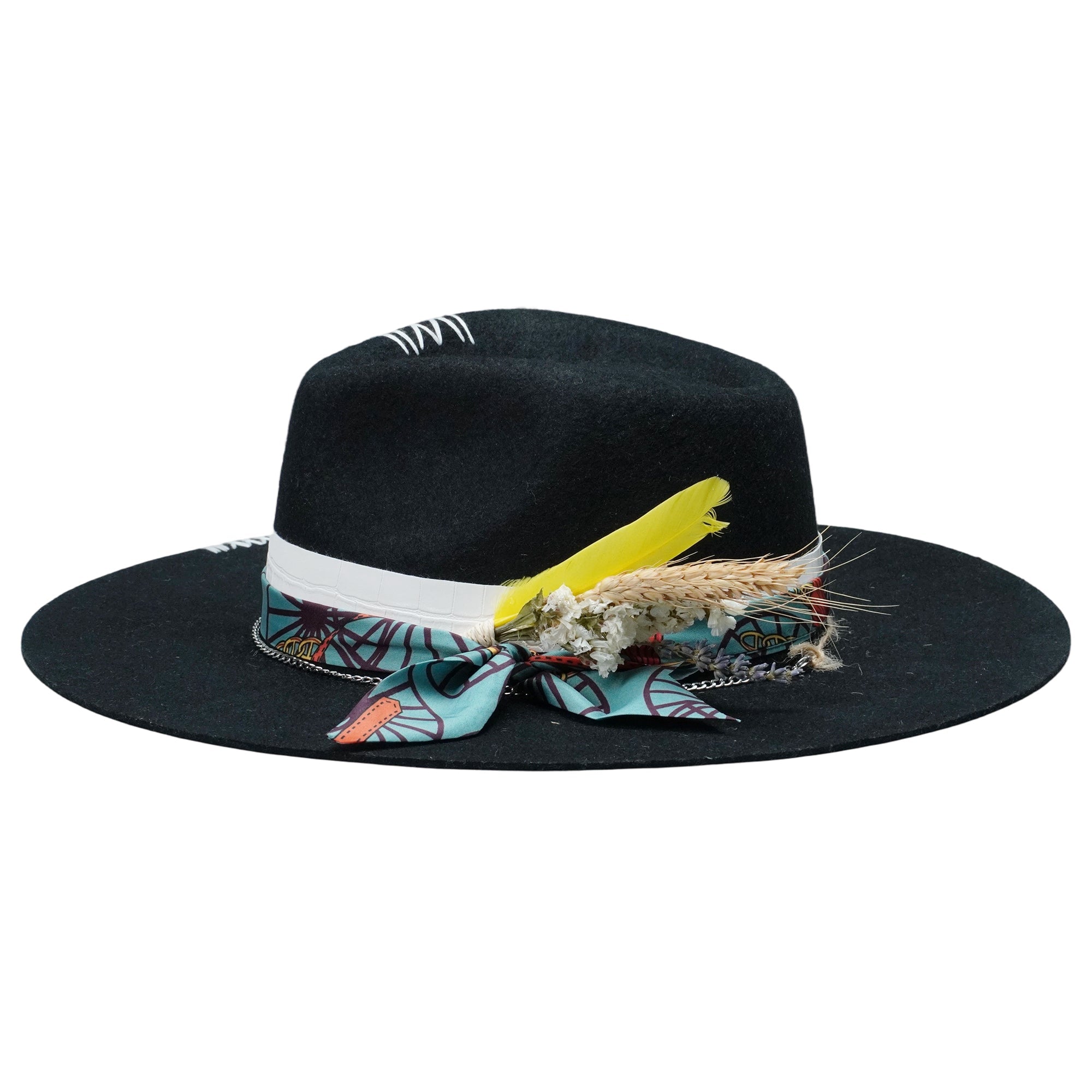 Black Straight Brim Felt Hat with Floral & Croc Band