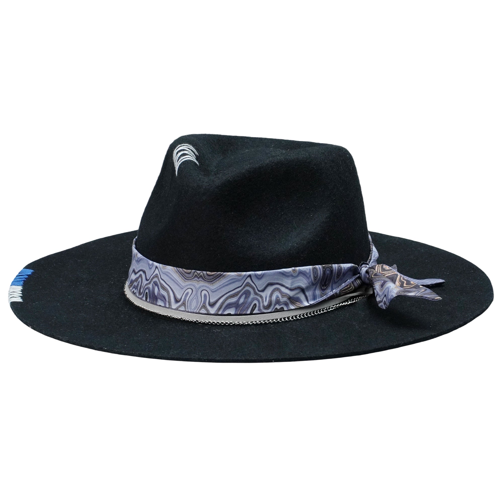 Black Straight Brim Felt Hat with Gray Cord & Stitching