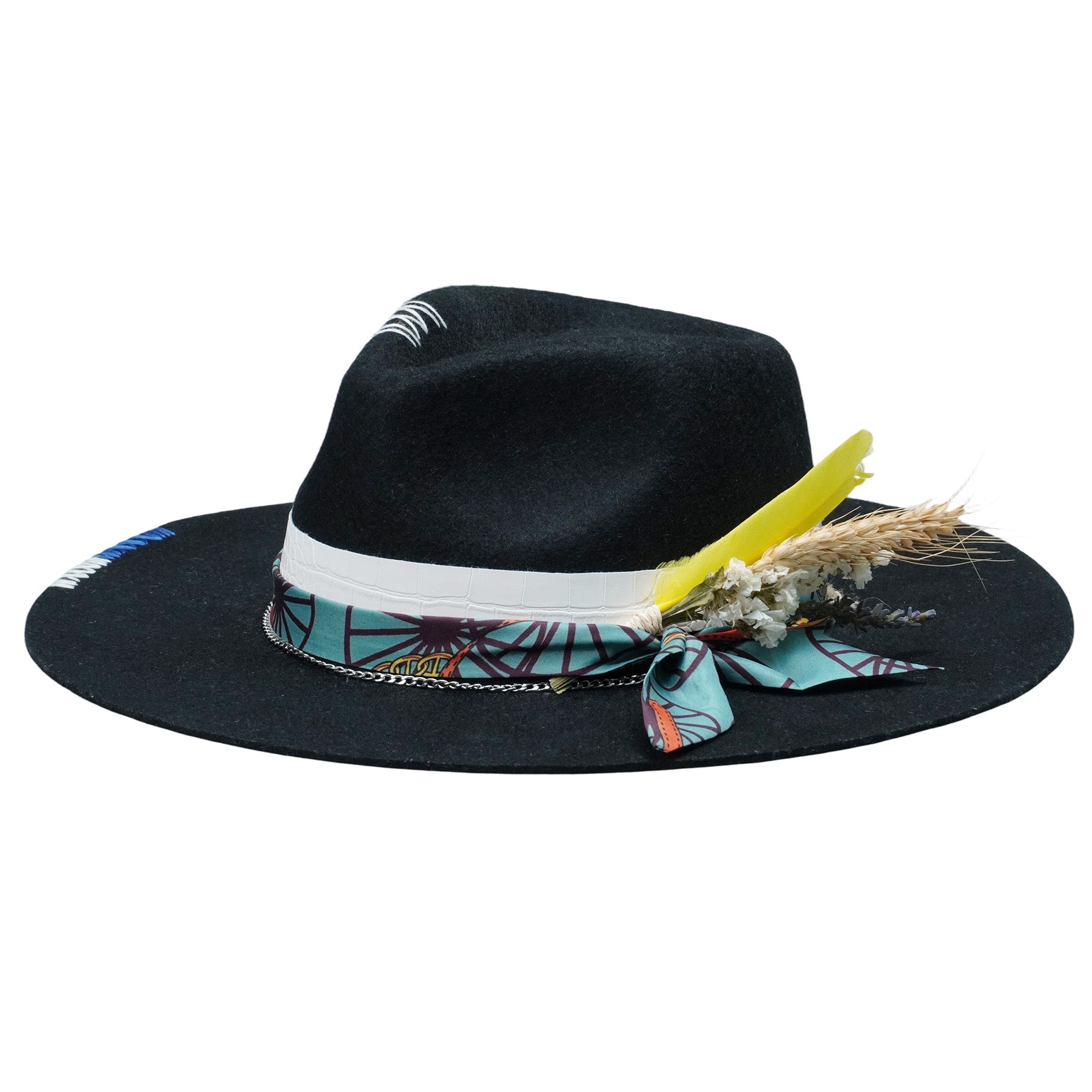 Black Straight Brim Felt Hat with Floral & Croc Band