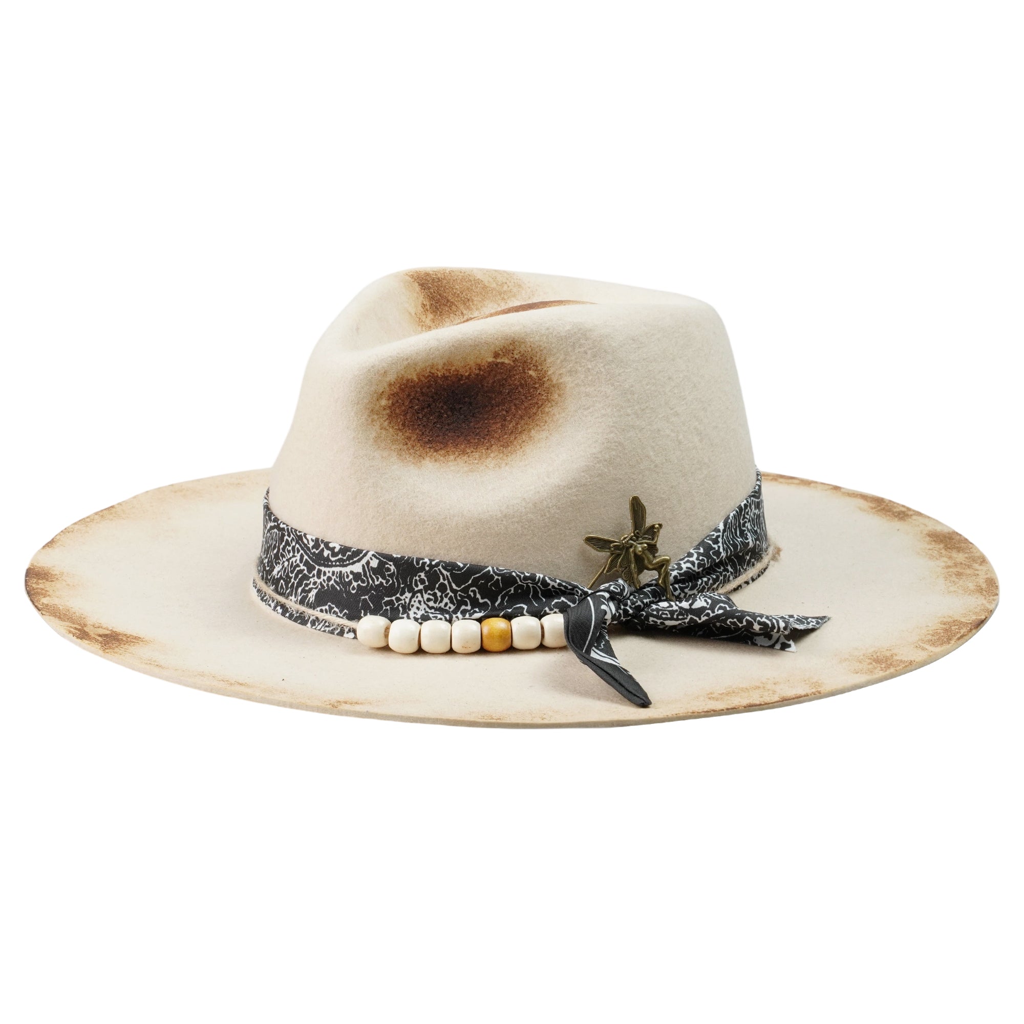 Straight-Brim Felt Hat – Beaded Band, Vintage Metal Pin