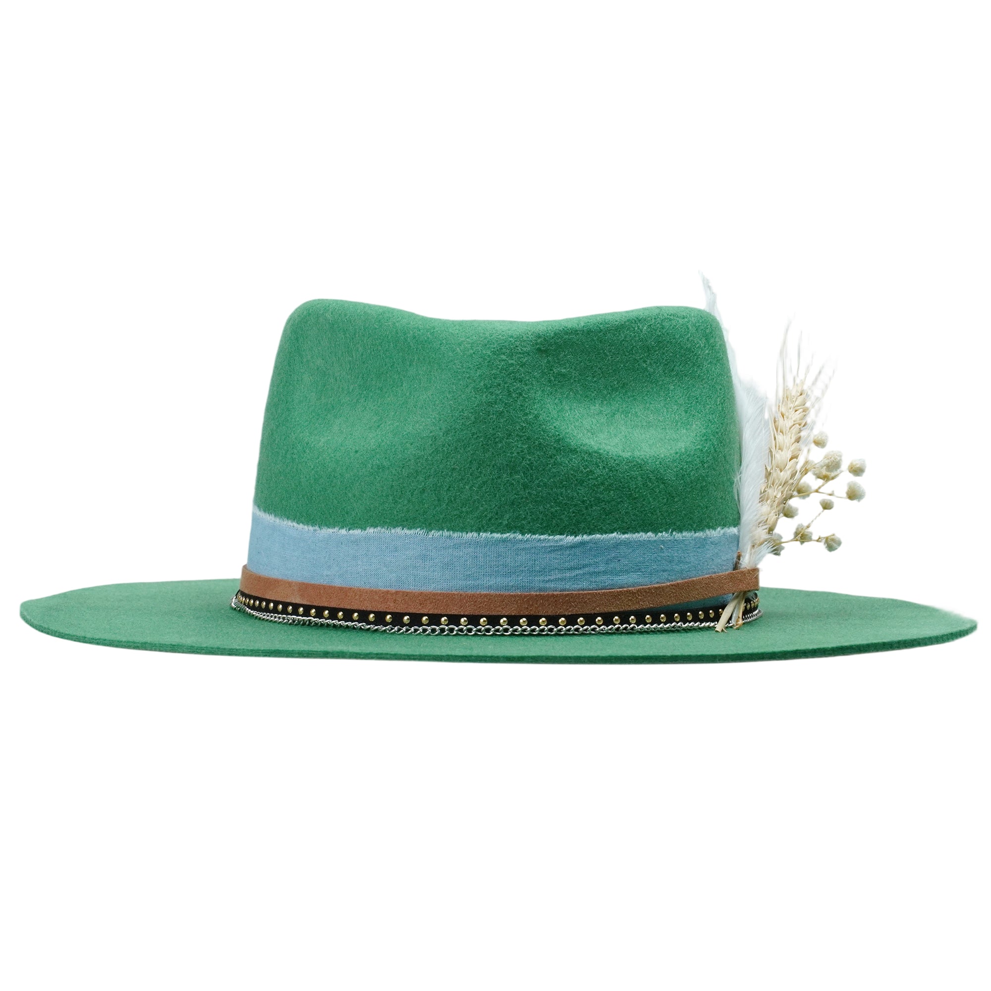 Green Straight Brim Felt Hat with Denim Band