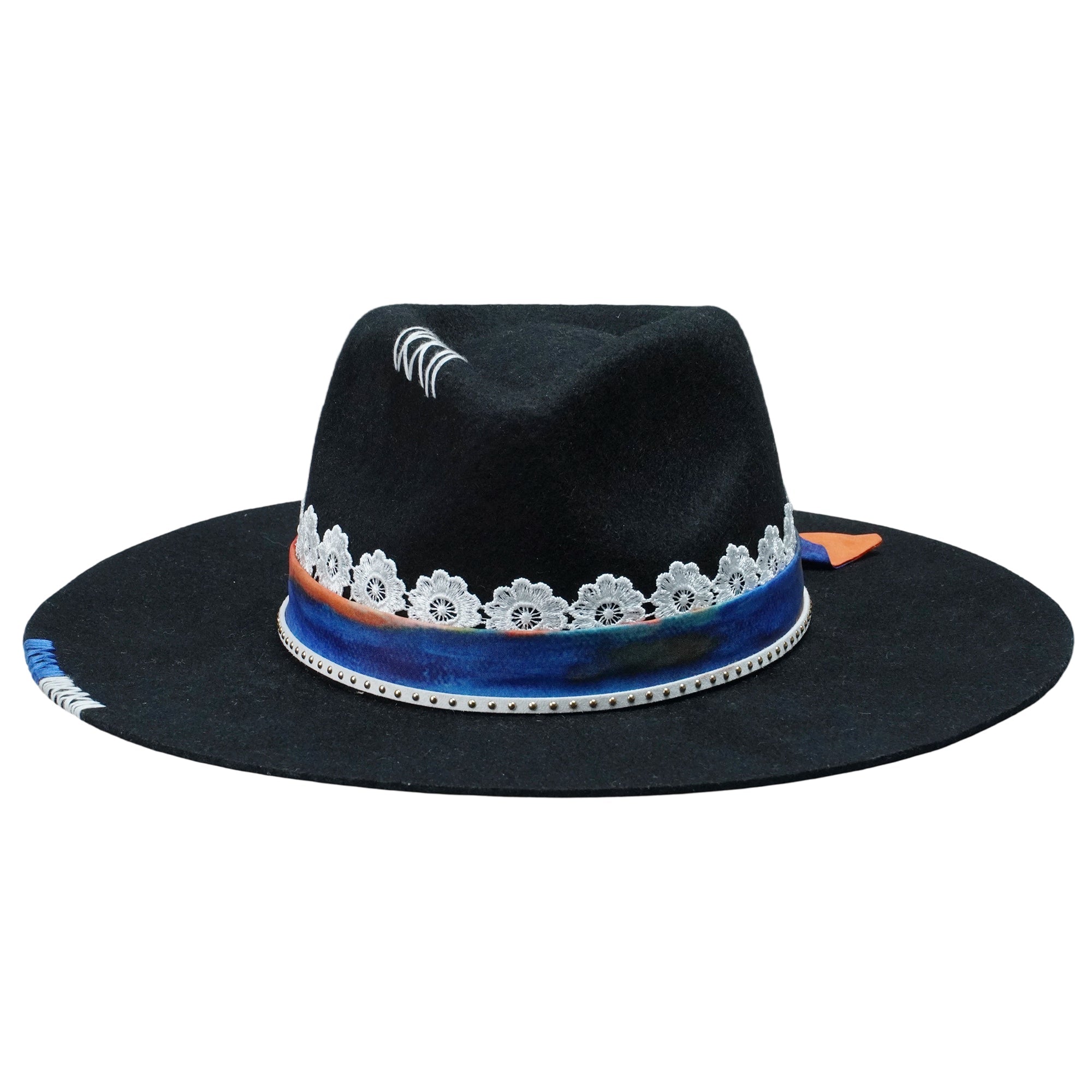 Black Straight Brim Felt Hat with Lace & Artistic Band