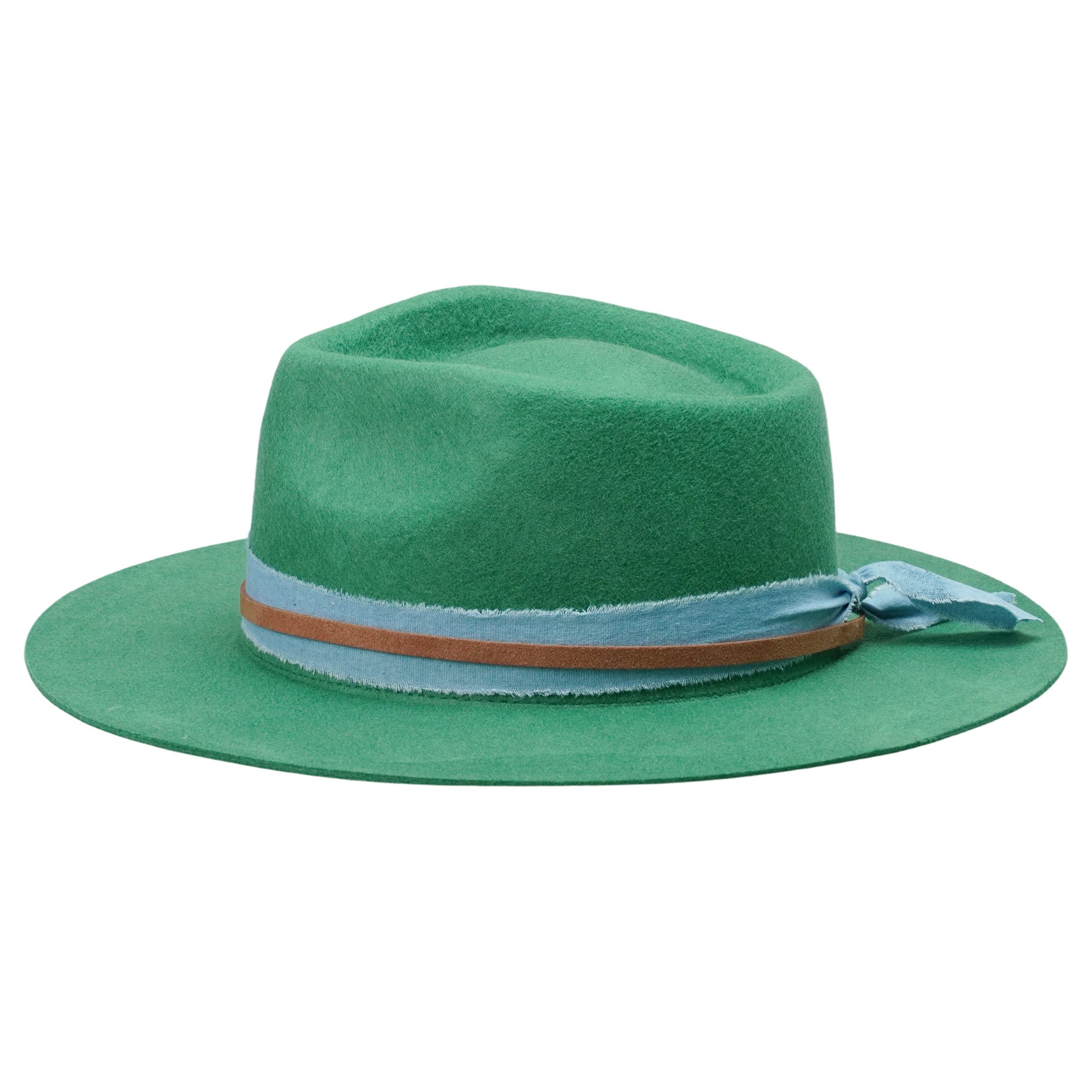 Green Straight Brim Felt Hat with Denim Band