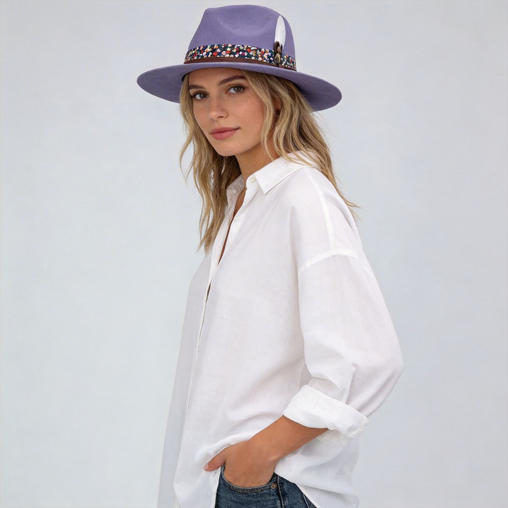 Deep Plum Flat-Brim – Feather & Floral Band