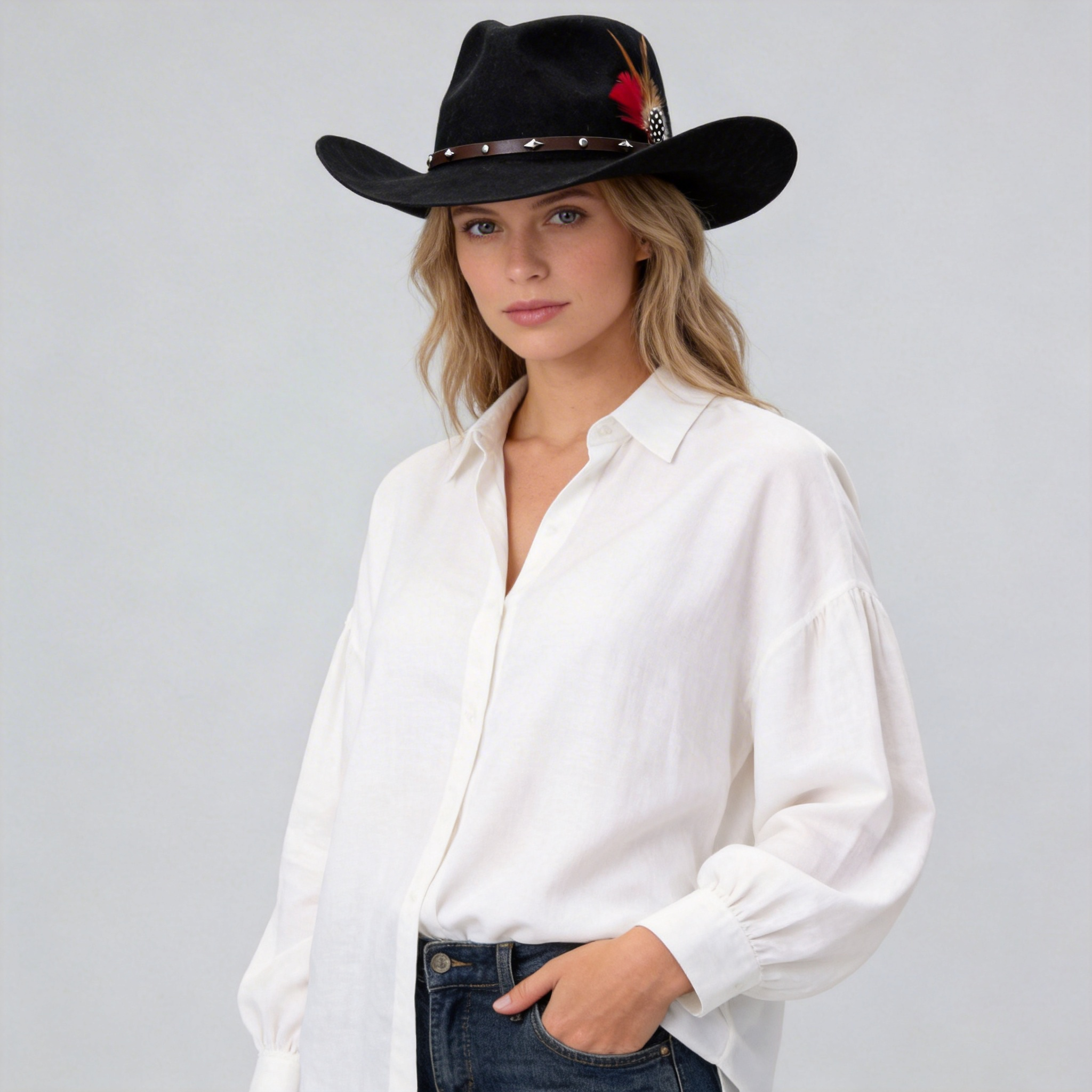 Midnight Black Cowboy – Metal Clasp & Feather