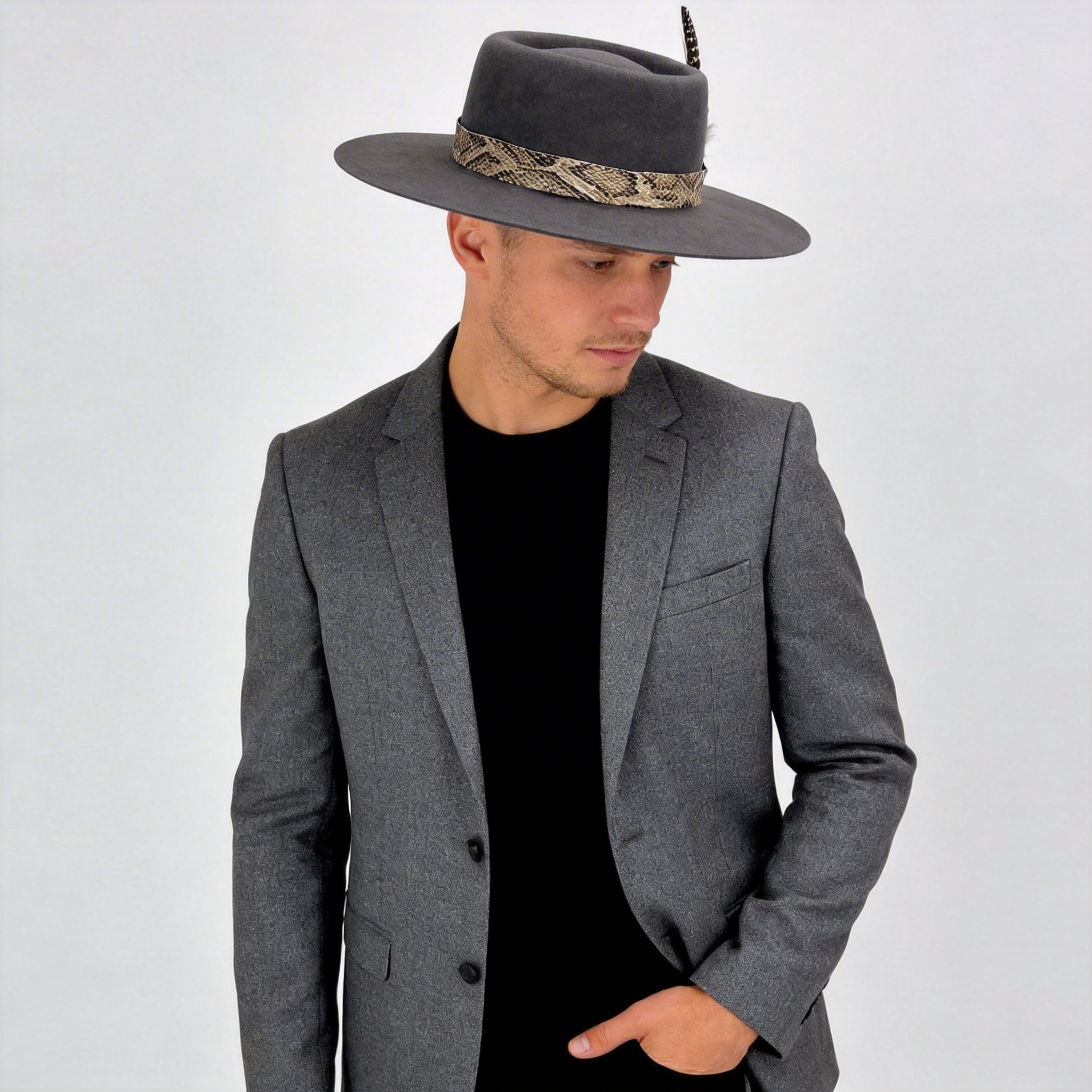 Deep Gray Gambler Hat – Custom Feather