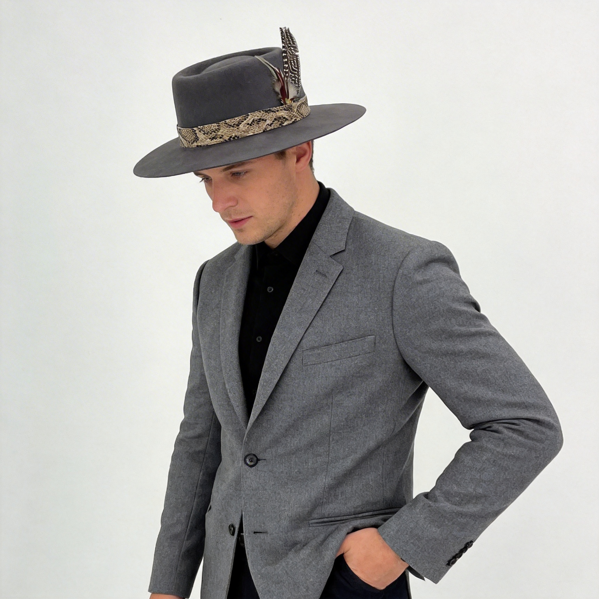 Deep Gray Gambler Hat – Custom Feather