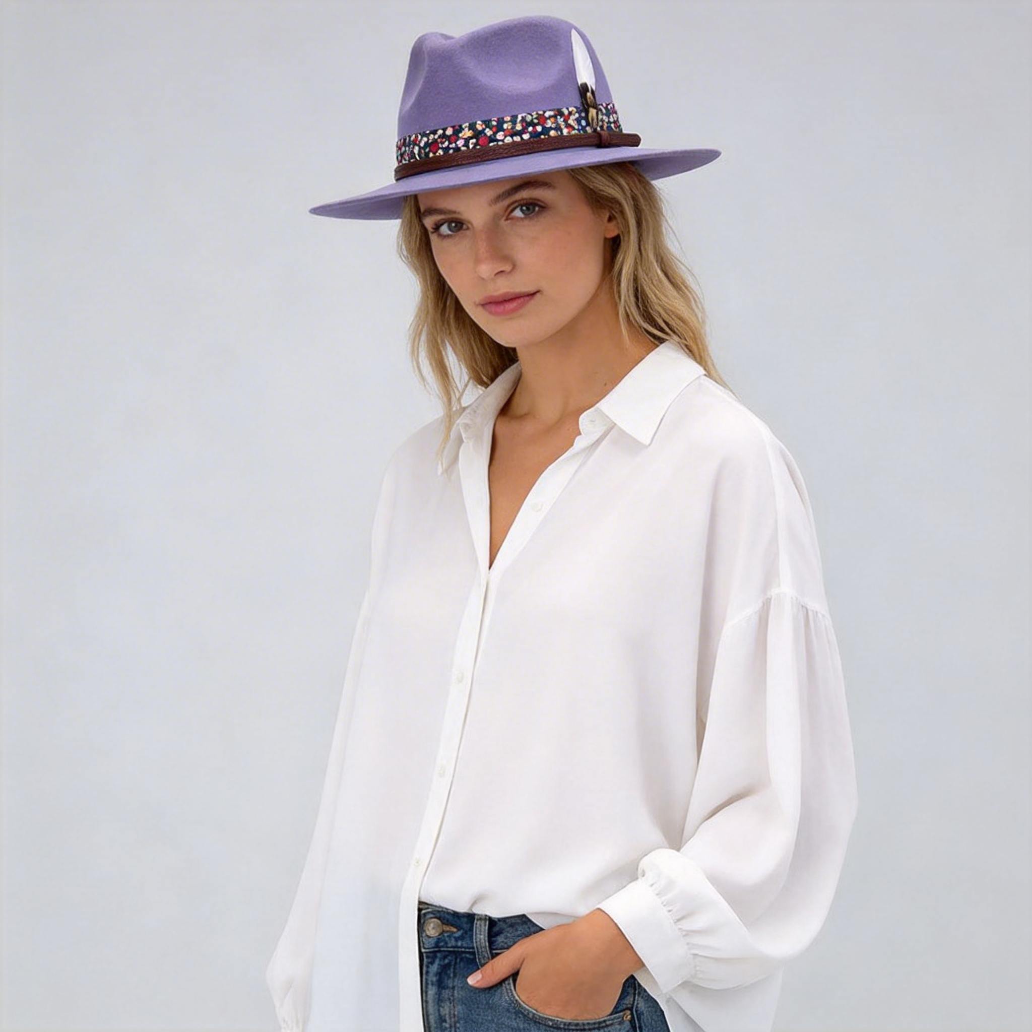 Deep Plum Flat-Brim – Feather & Floral Band