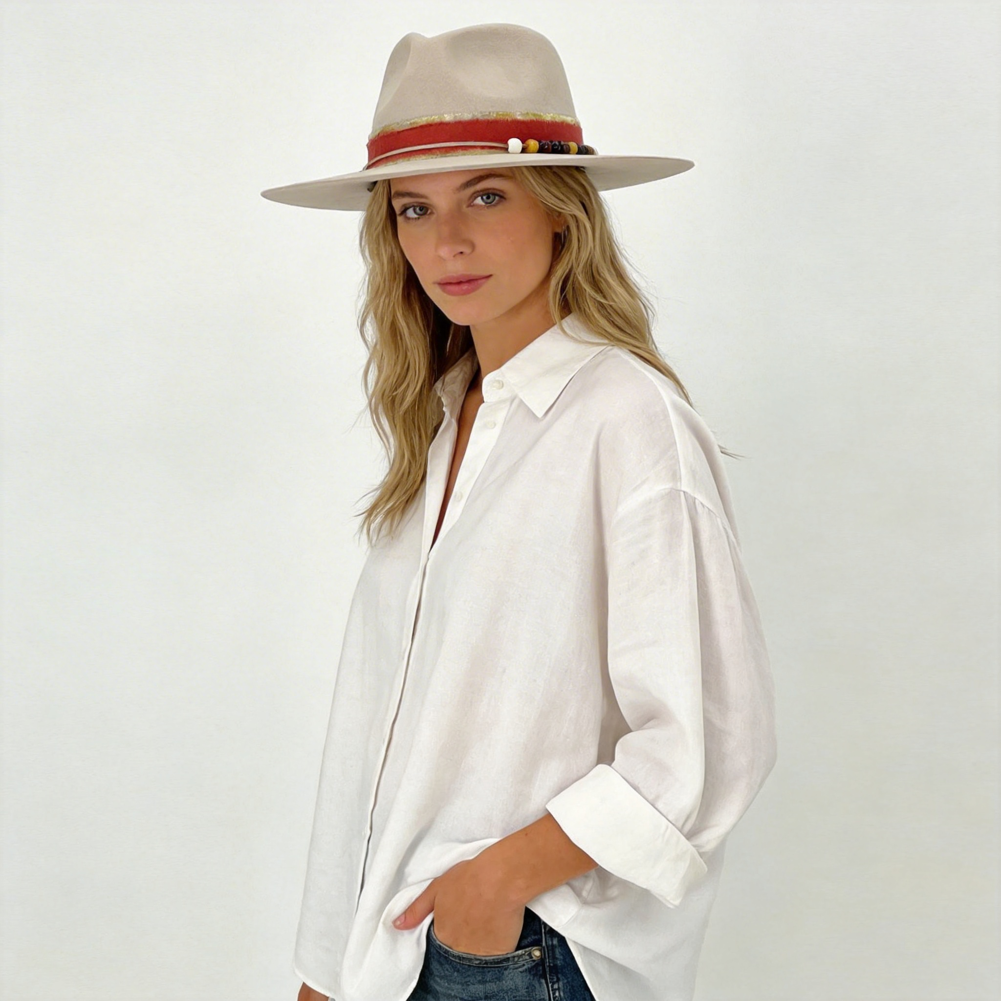 Beige Wide-Brim Felt Hat – Beaded Band