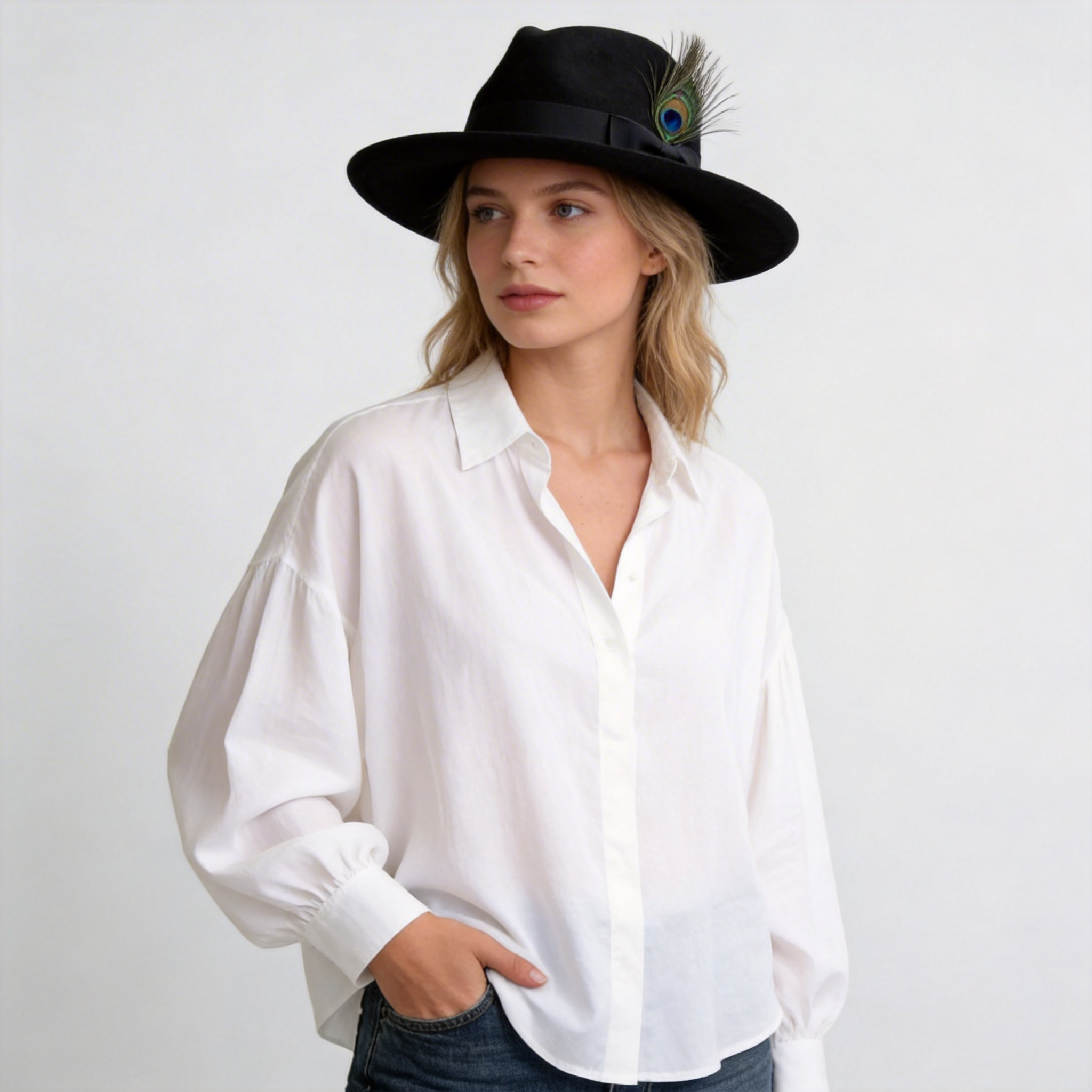 Women Black Felt Flat Brim Hat