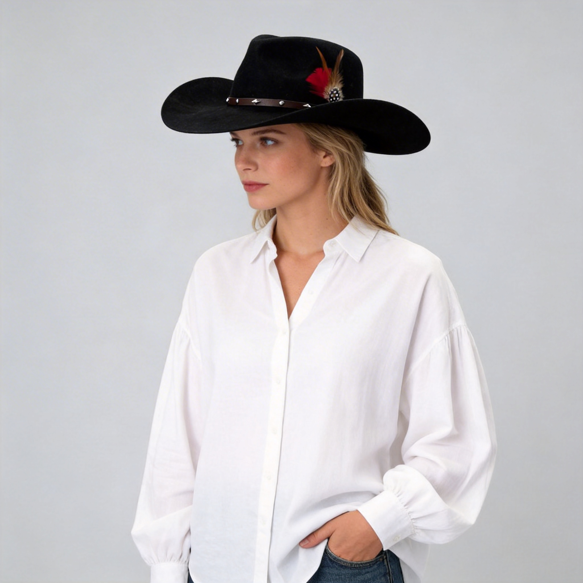 Midnight Black Cowboy – Metal Clasp & Feather