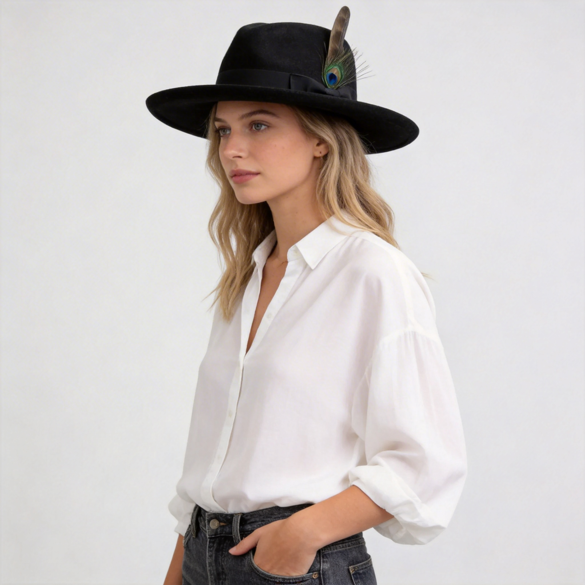 Women Black Felt Flat Brim Hat