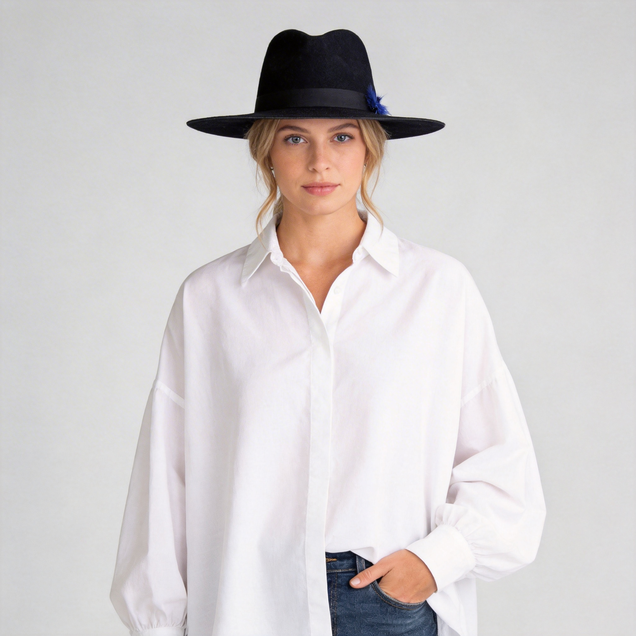Midnight Black Flat-Brim – Blue Feather Accent