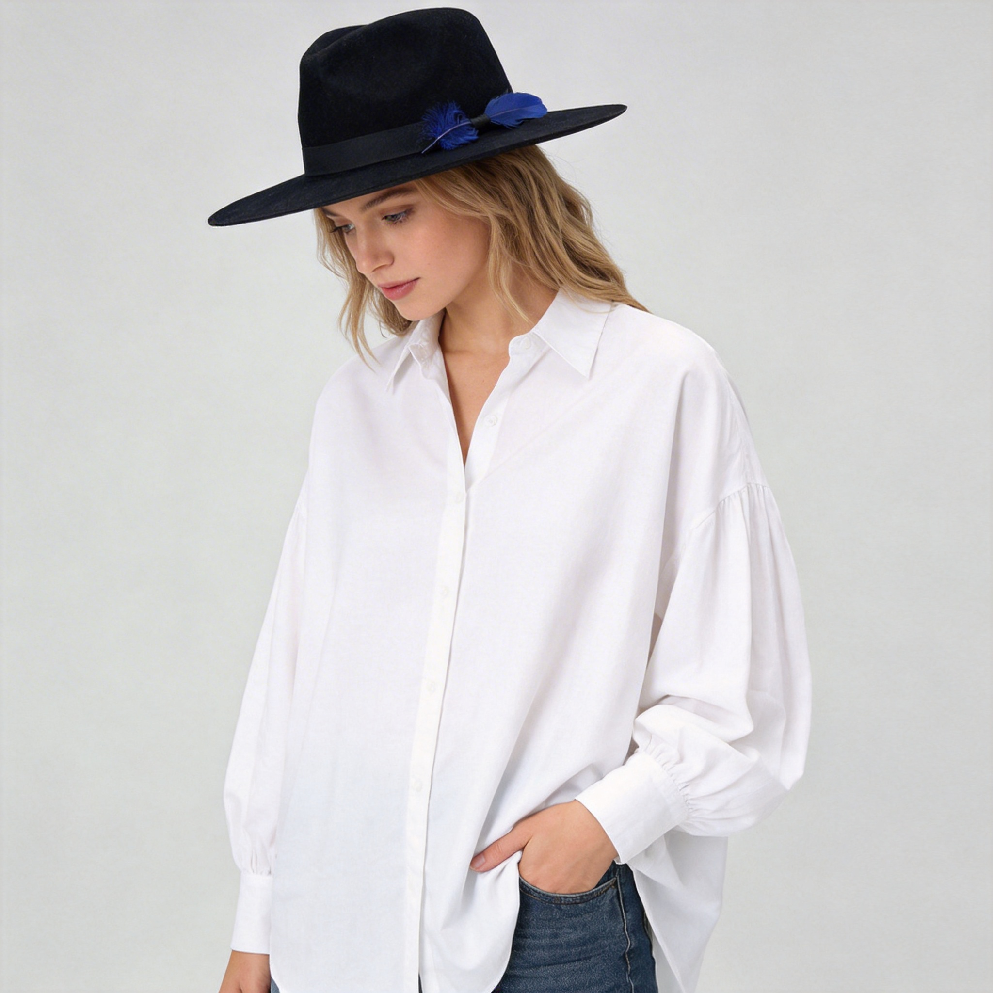 Midnight Black Flat-Brim – Blue Feather Accent