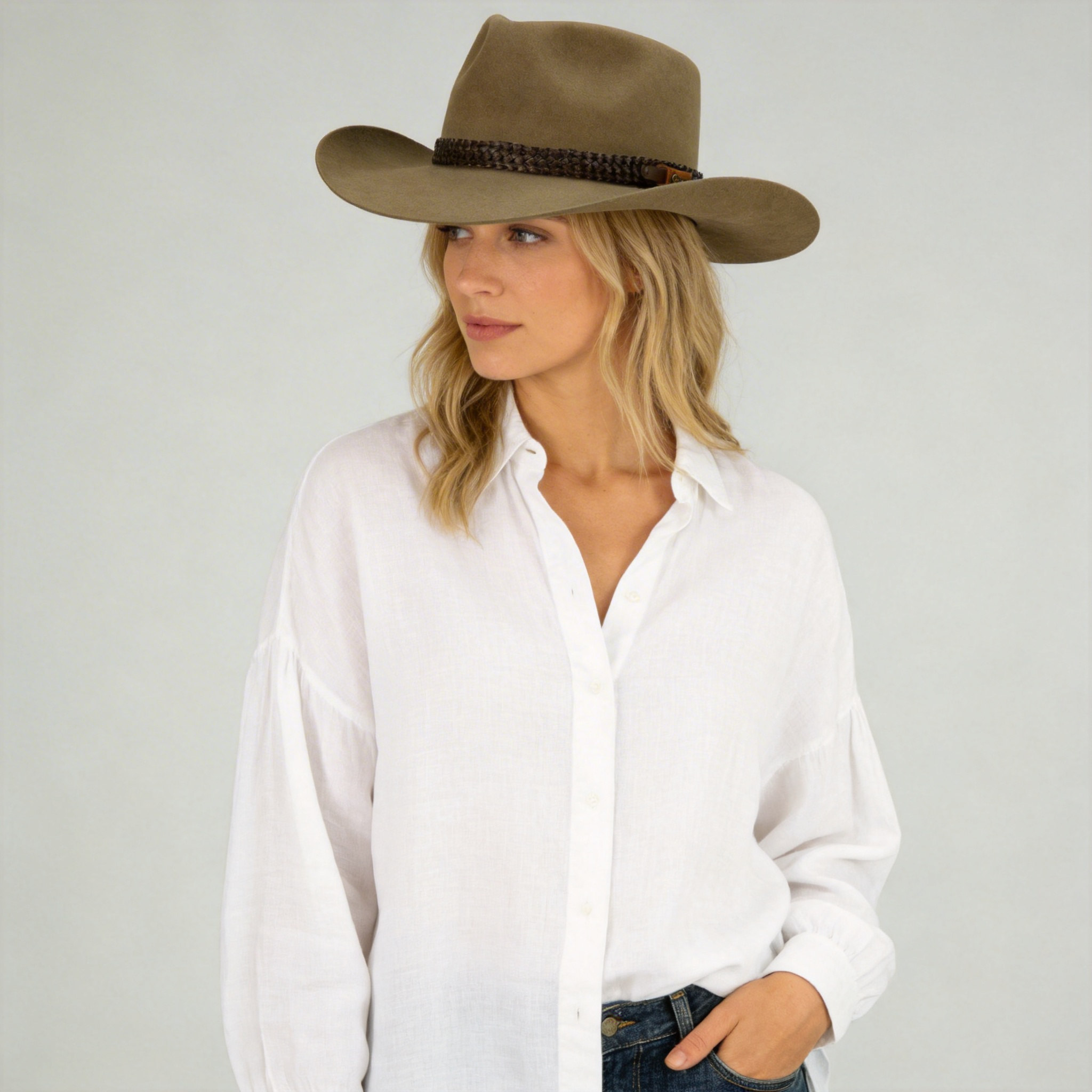 Women Pure Fur Felt Outback Hat With Leather Sweatband