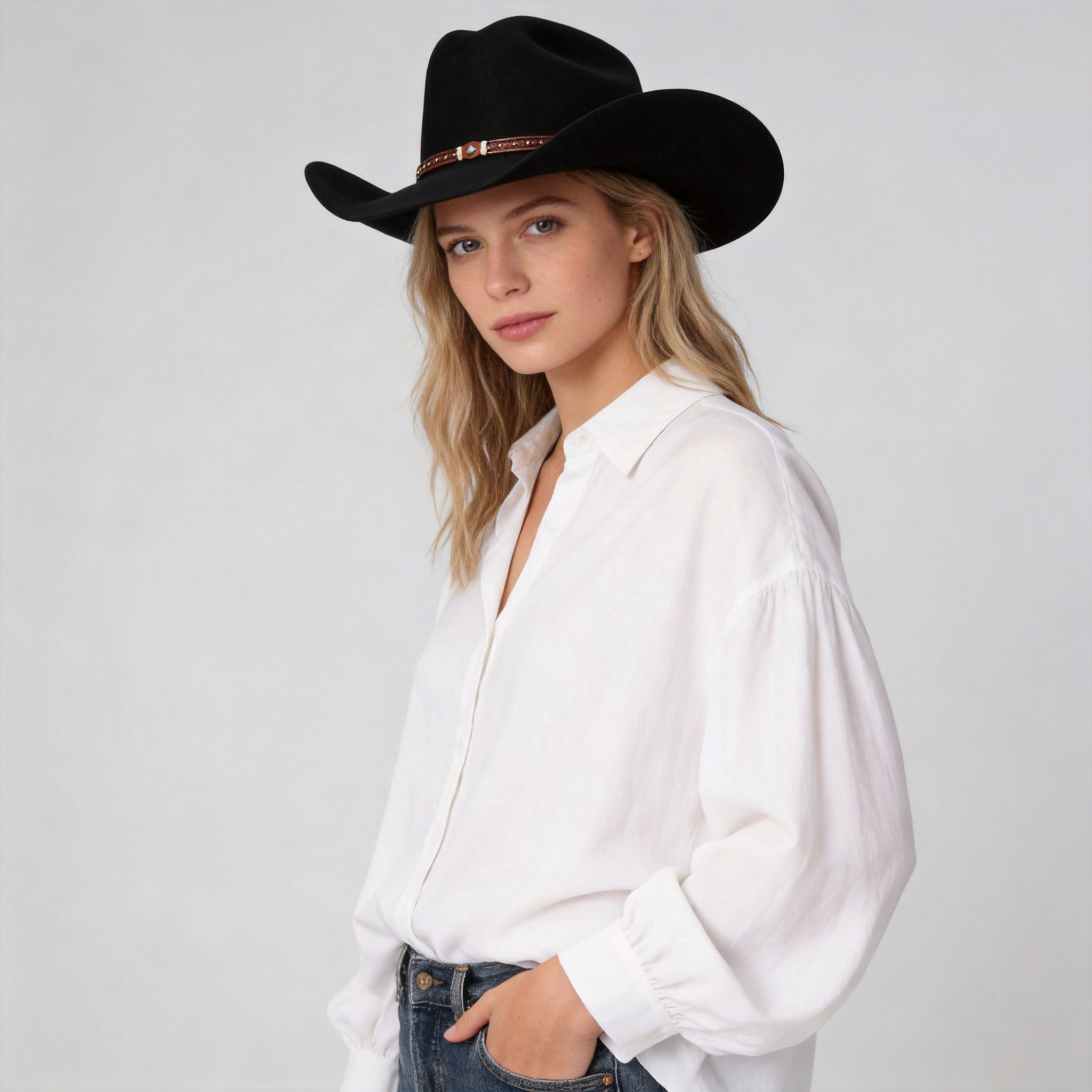 Women Premium Wool Felt Cowboy Hat - Black