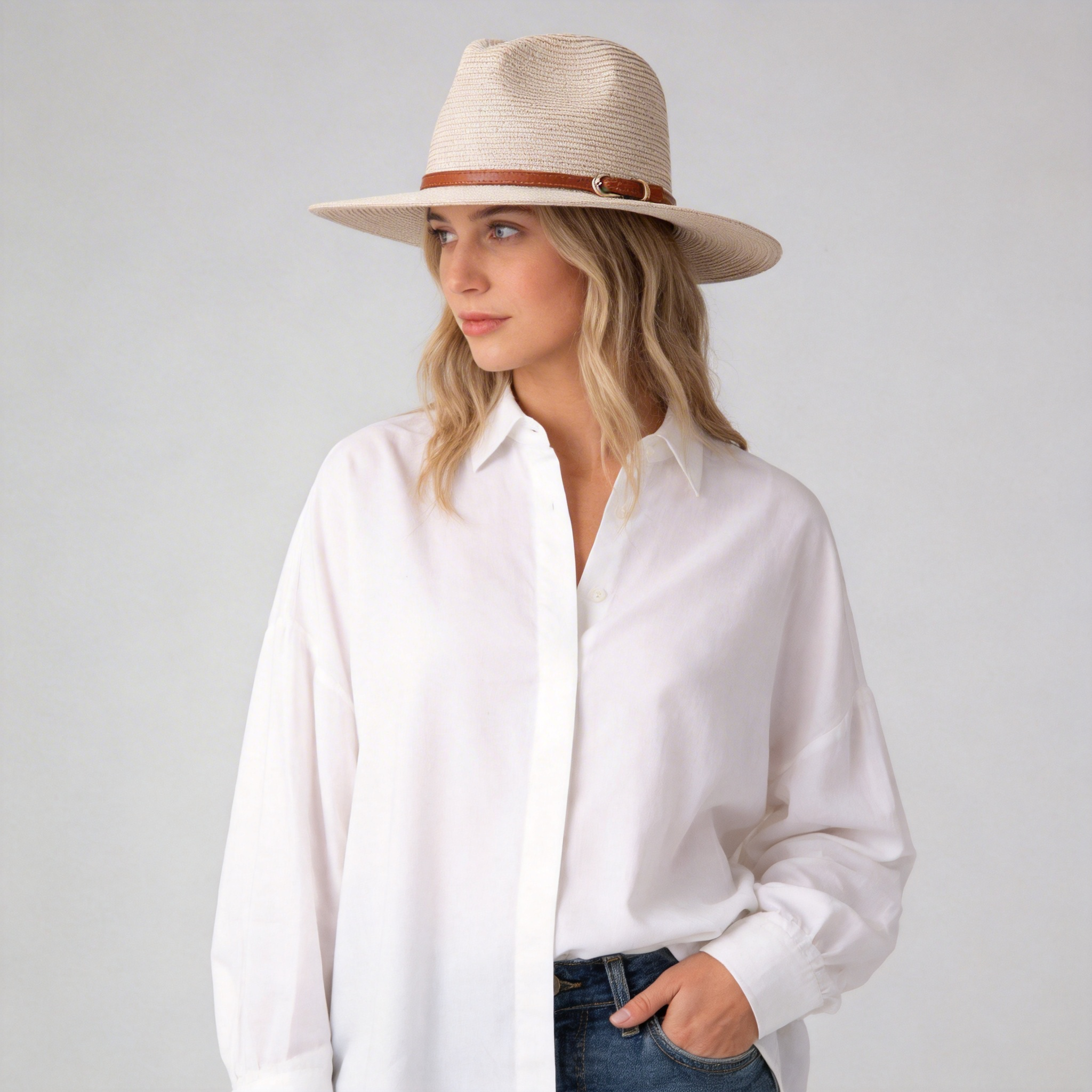 Women Wide Brim Straw Panama Hat - Beige