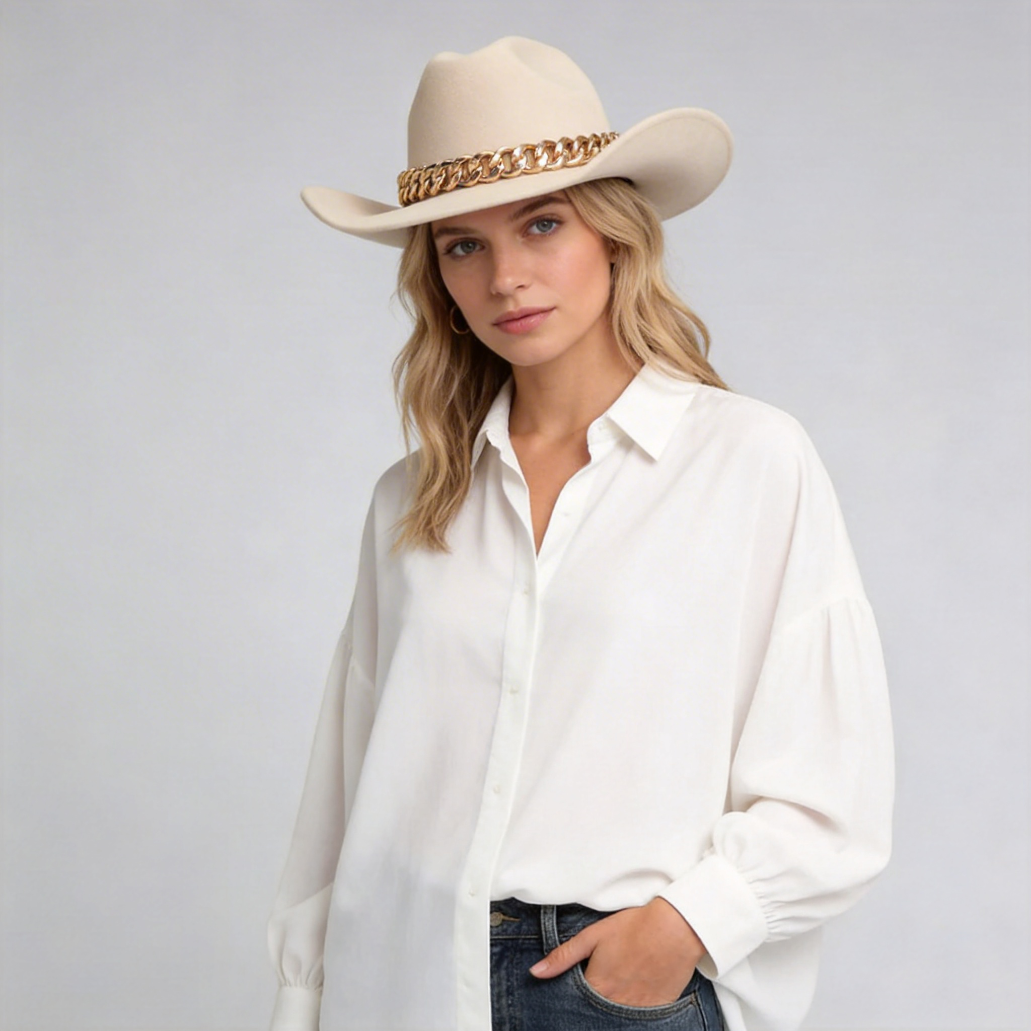 Women Western Cowboy Hat with Gold Chain Band