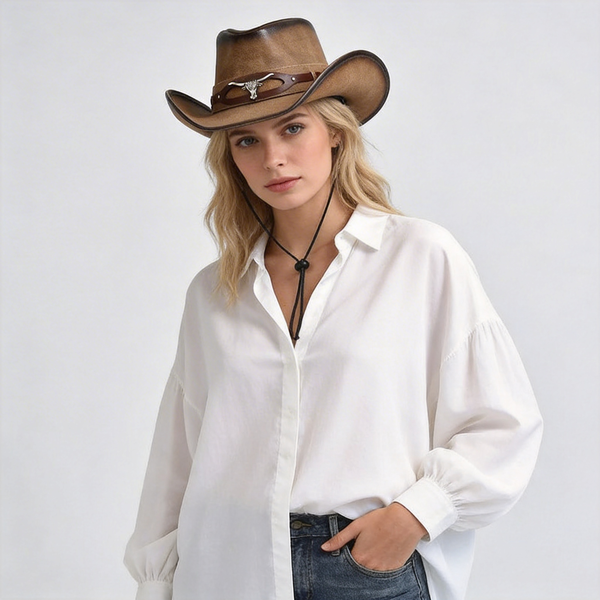 Women Leather Western Cowboy Wide Brim Hats