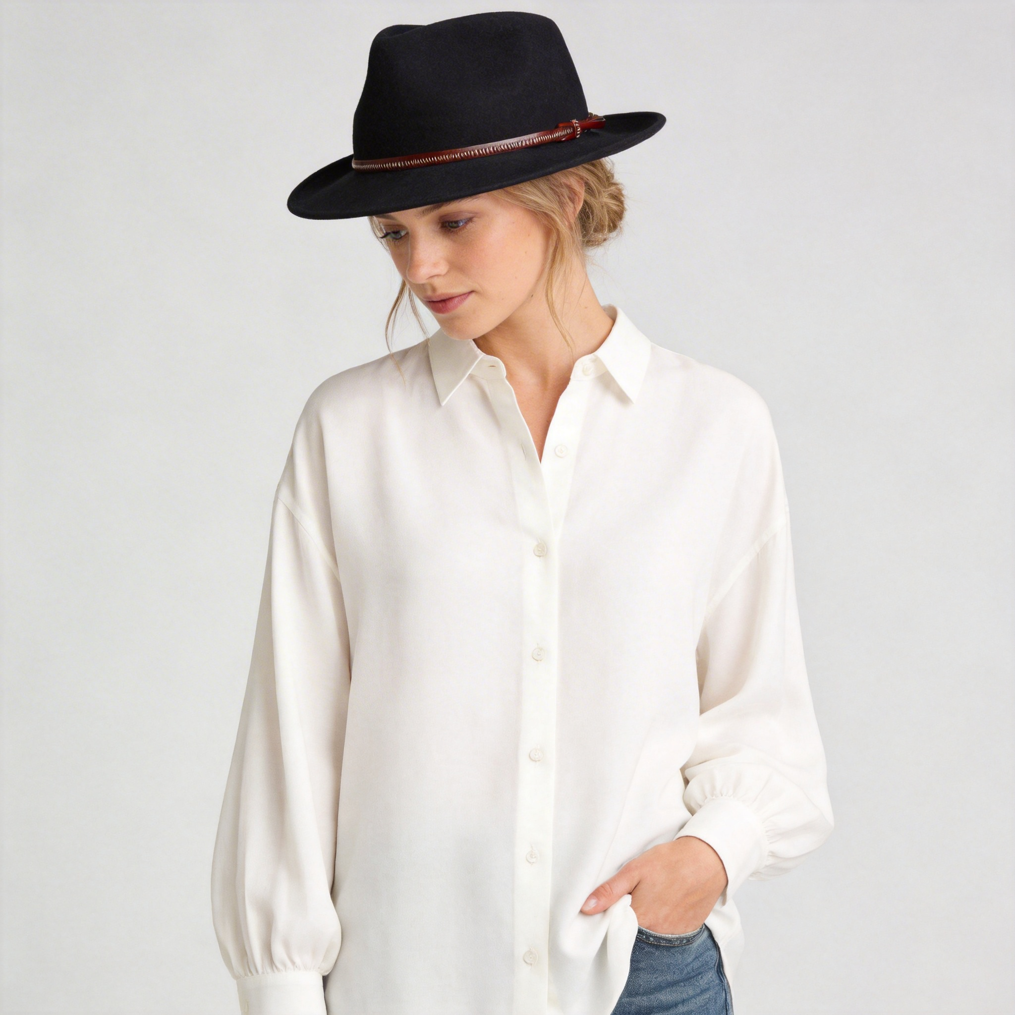 Women Classic Fedora Felt Hat With Leather Band