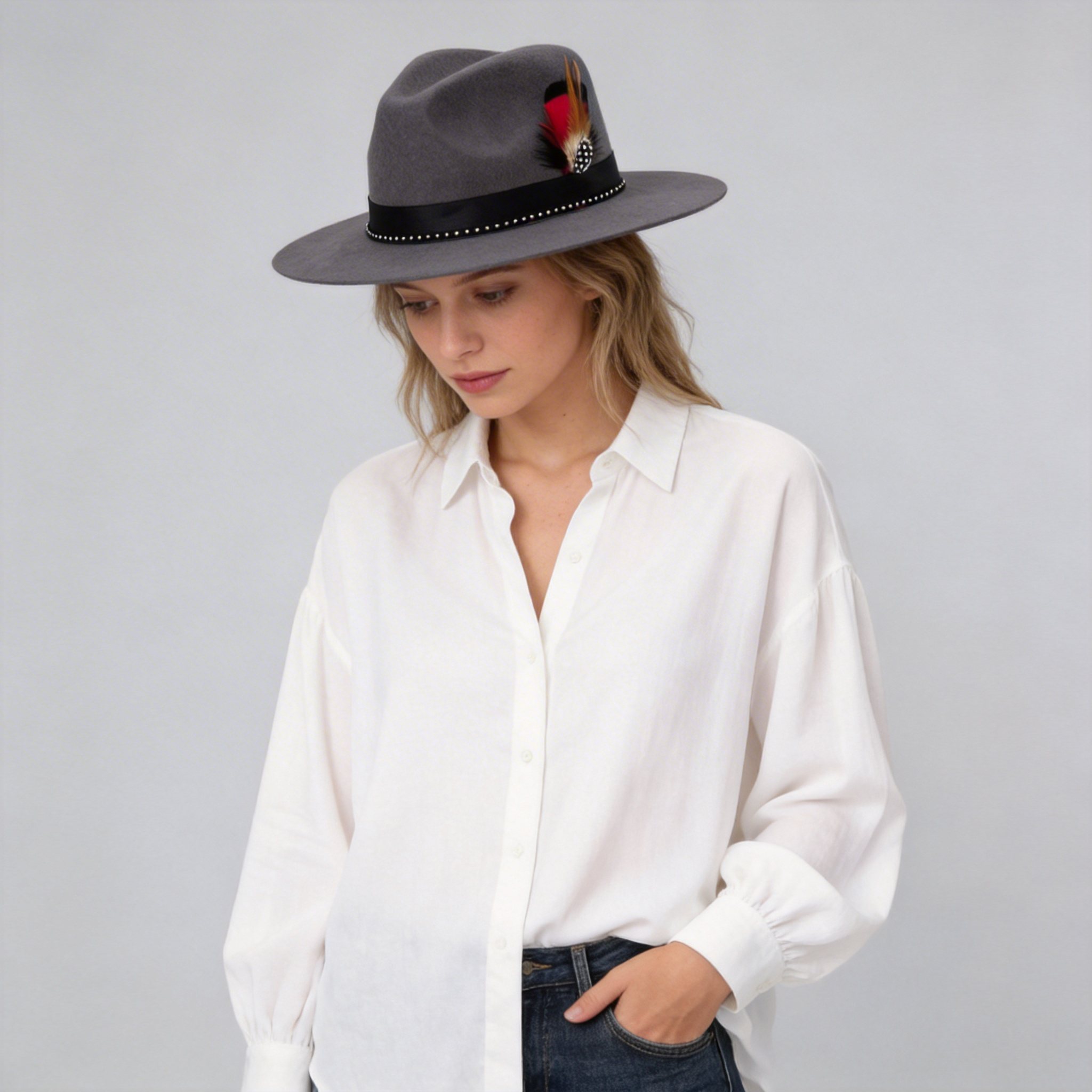 Deep Gray Wide-Brim – Bright Feather Accent