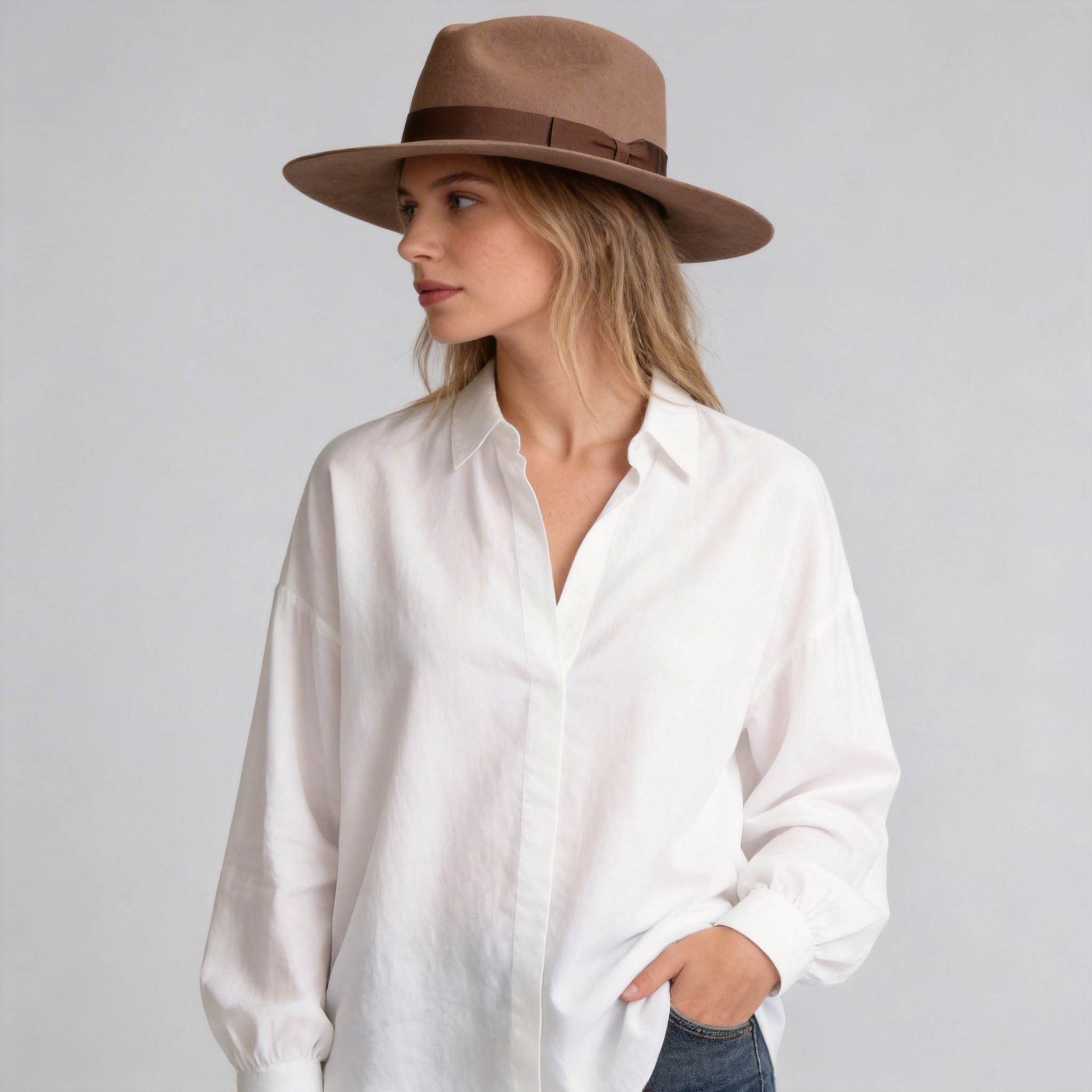 Women Brown Wide Brim Felt Fedora