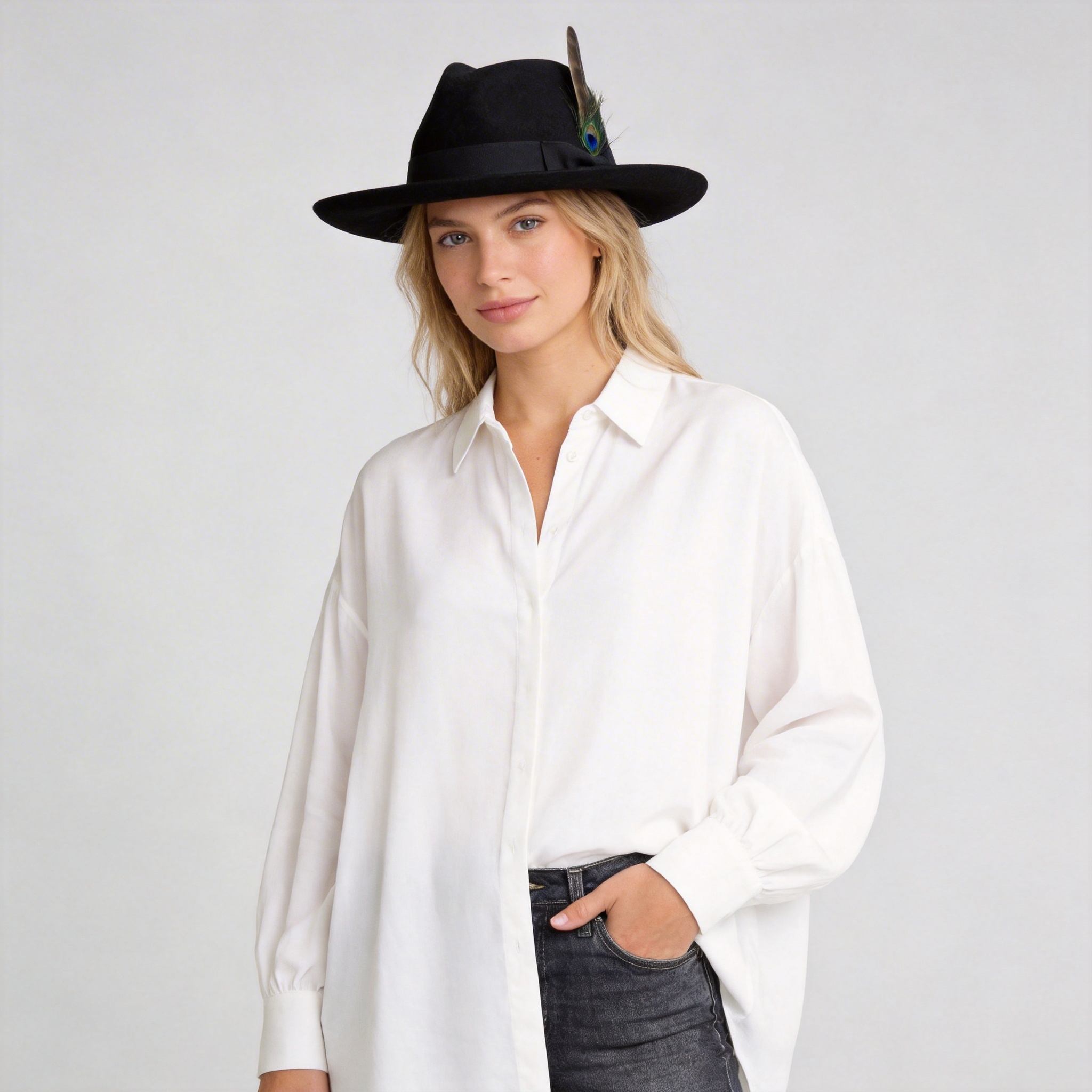 Women Black Felt Flat Brim Hat