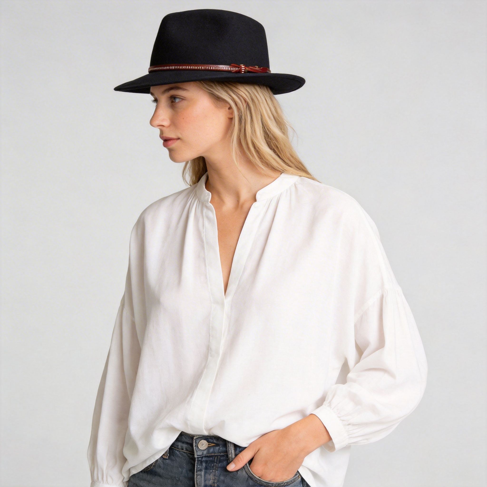 Women Classic Fedora Felt Hat With Leather Band